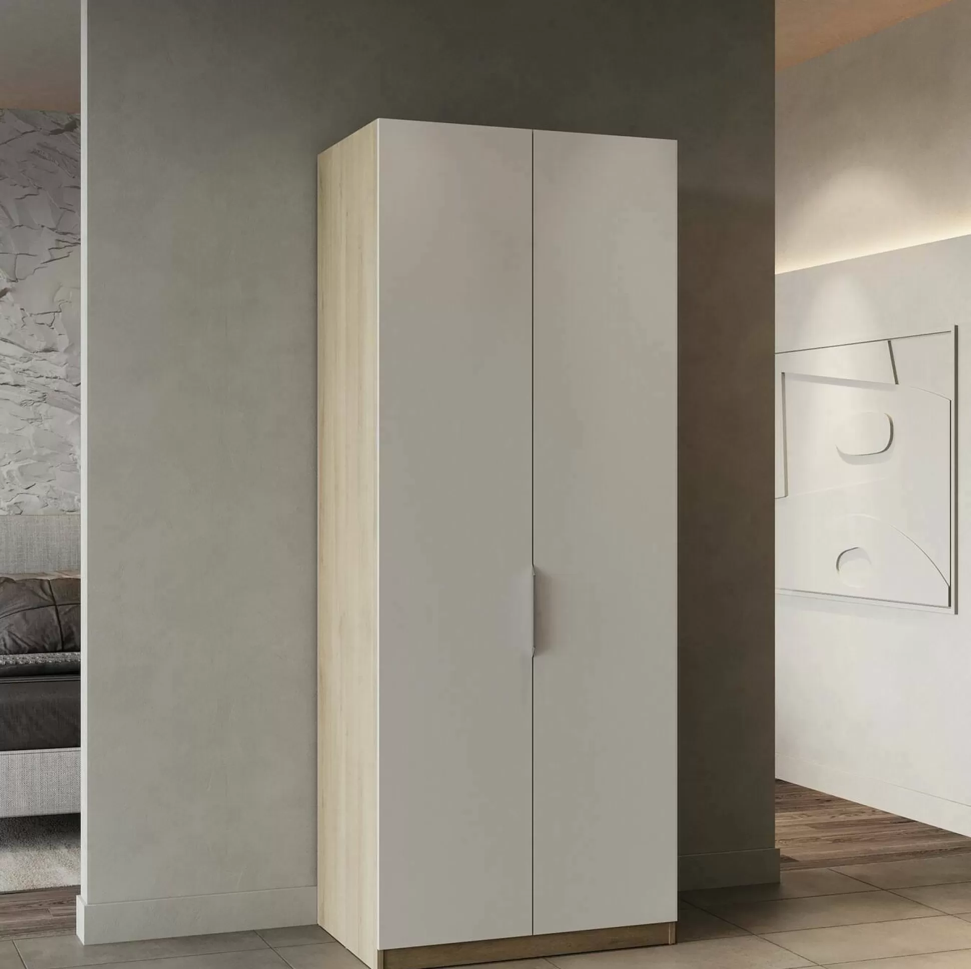 Dmora Armadi Multiuso 2 Ante<Guardaroba 2 ante Fioretta, 79x51 h203 cm, Rovere e Bianco opaco