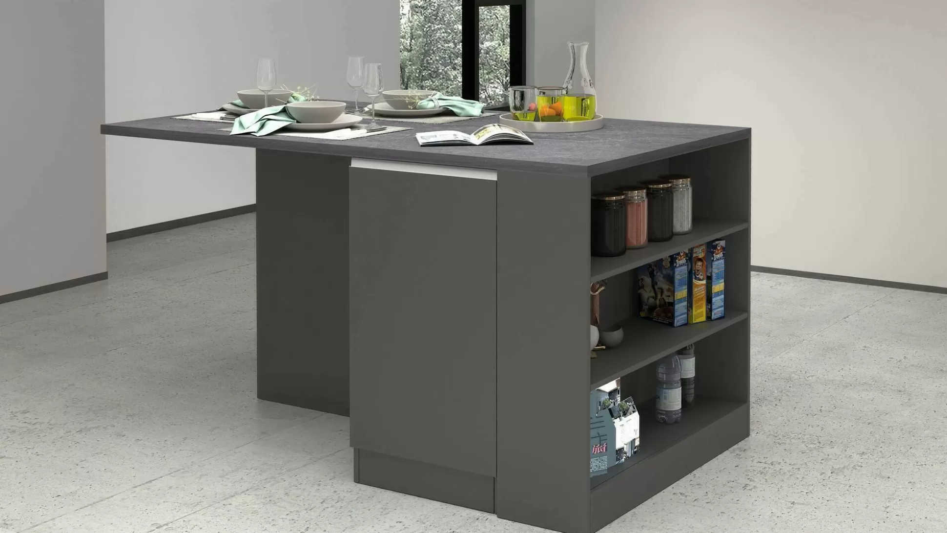 Dmora Mobili Dispensa<Isola da cucina Abern, 160x90h90 cm, Antracite e Ardesia
