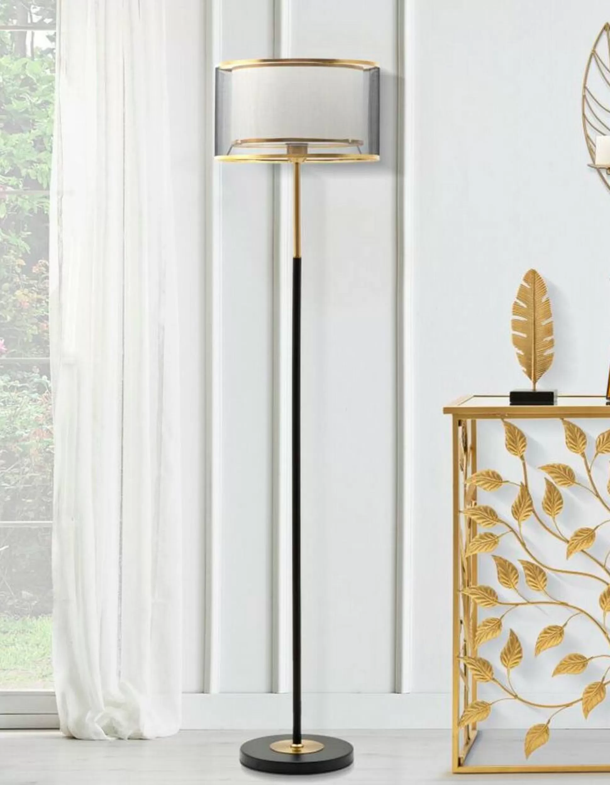 Dmora Lampade Da Terra<Lampada da terra Marouflage, 35x35 h153 cm, Nero e Oro