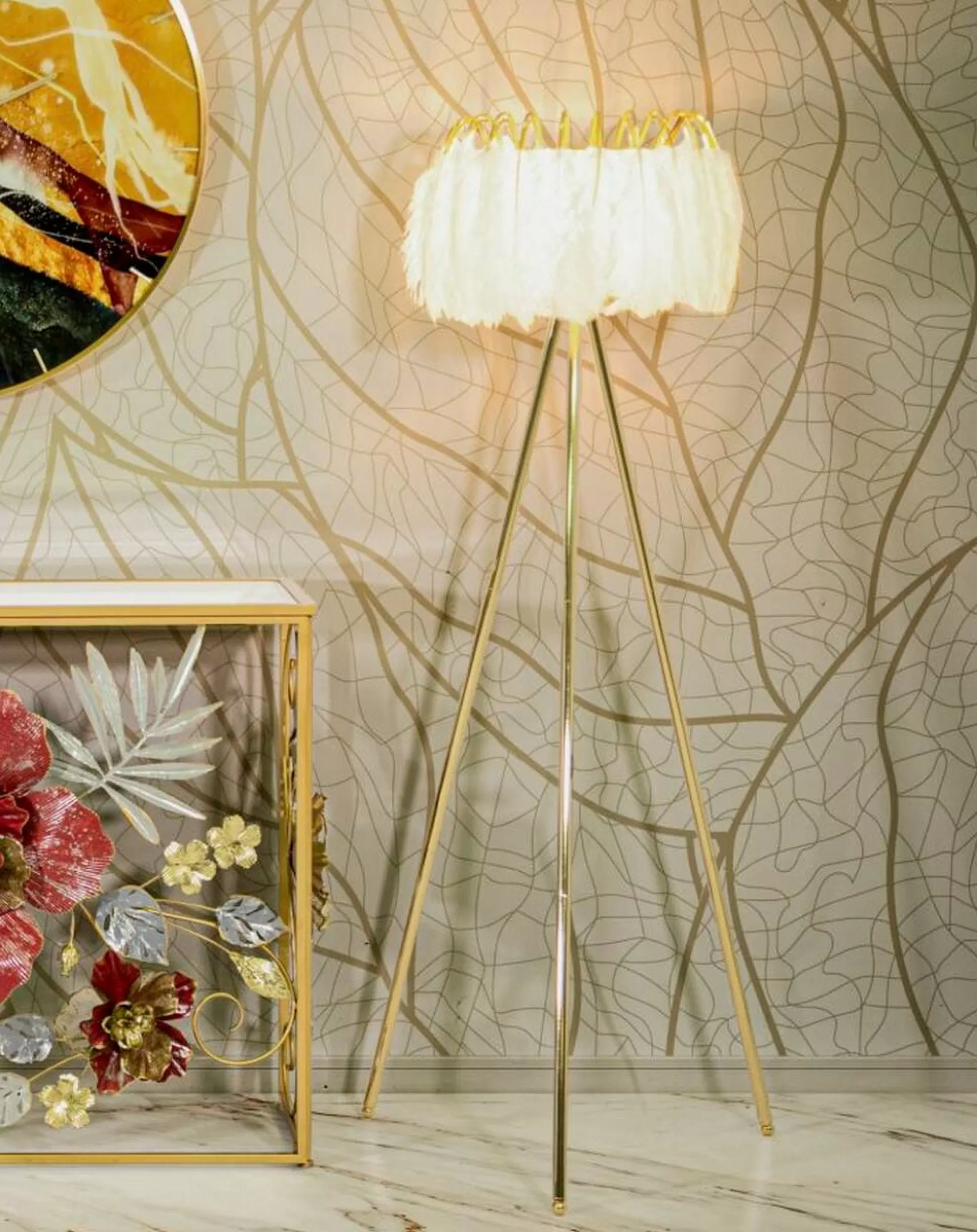 Dmora Lampade Da Terra<Lampada da terra Millefleur, 46x46 h147 cm, Bianco e Oro