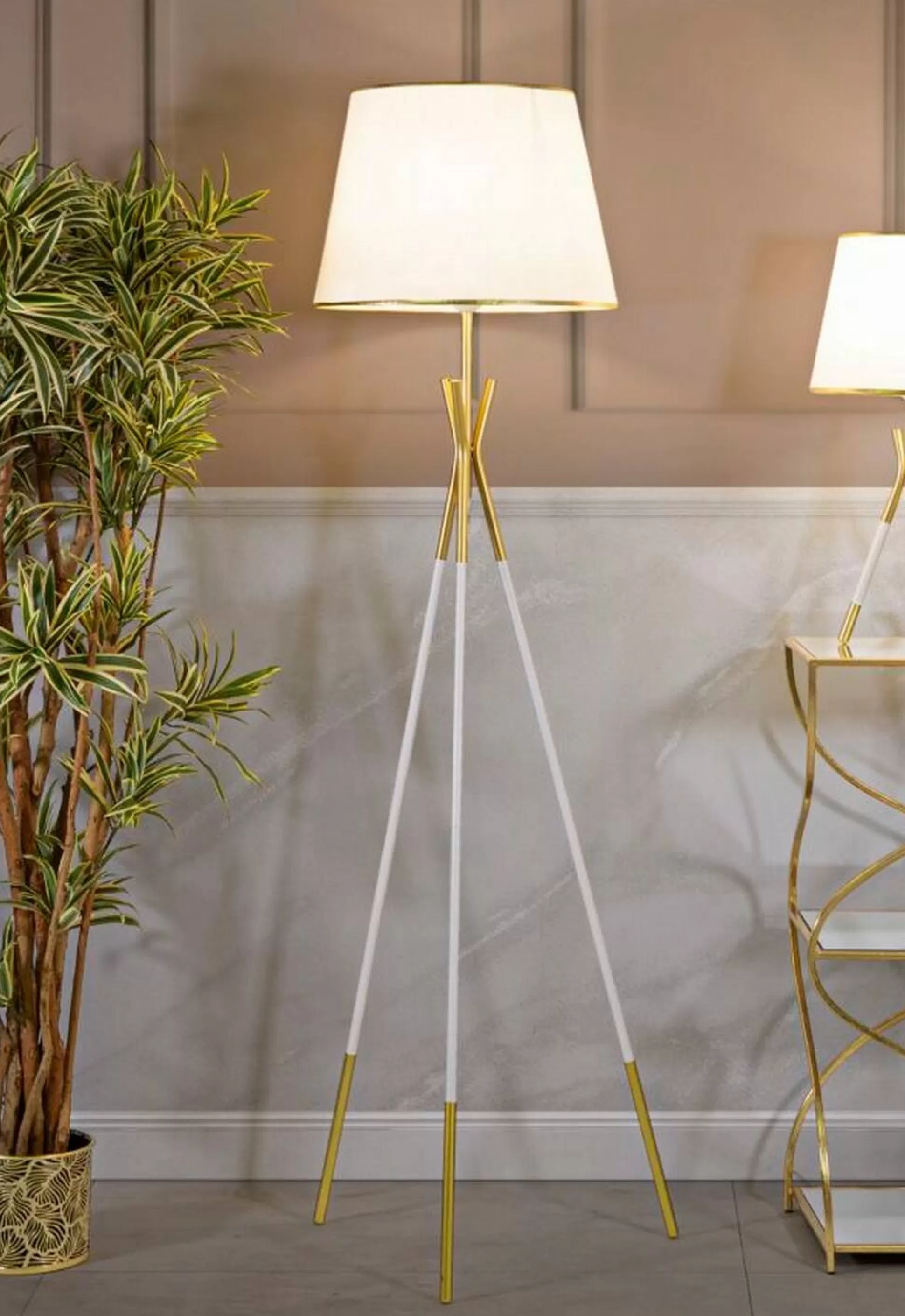 Dmora Lampade Da Terra<Lampada da terra Murales, 61x61 h154 cm, Bianco e Oro
