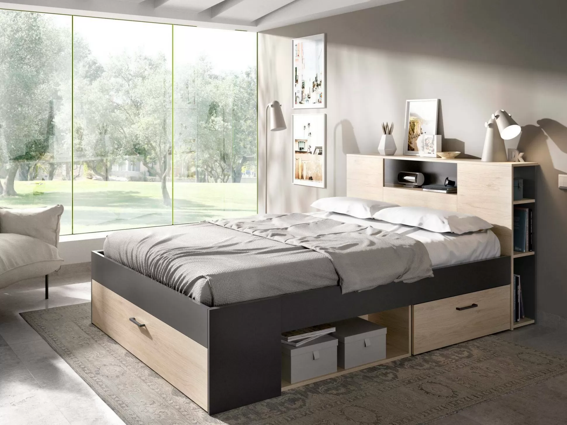 Dmora Letti Alla Francese<Letto alla francese Conching, 150x219 h95 cm, Antracite e Rovere