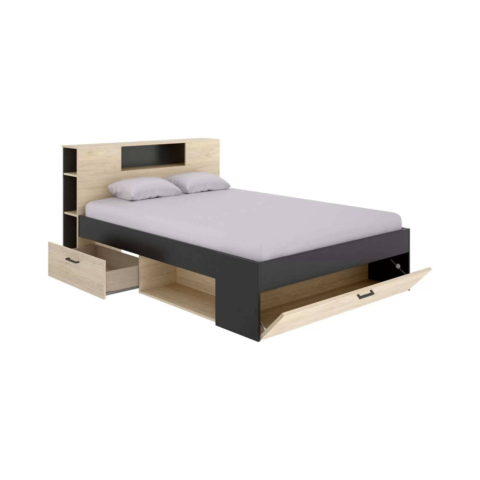 Dmora Letti Alla Francese<Letto alla francese Conching, 150x219 h95 cm, Antracite e Rovere