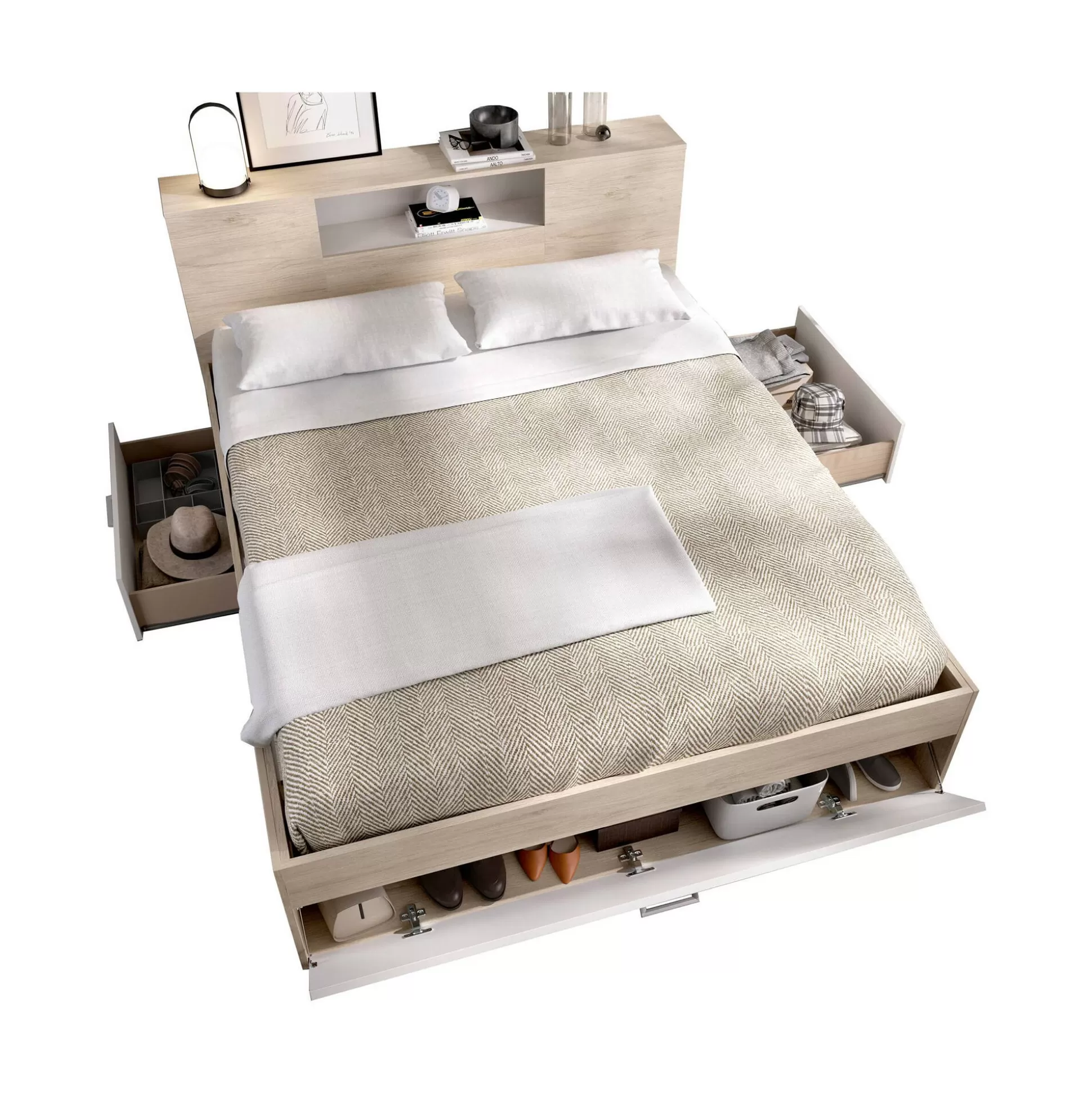 Dmora Letti Alla Francese<Letto alla francese Conching, 150x219 h95 cm, Bianco e Rovere