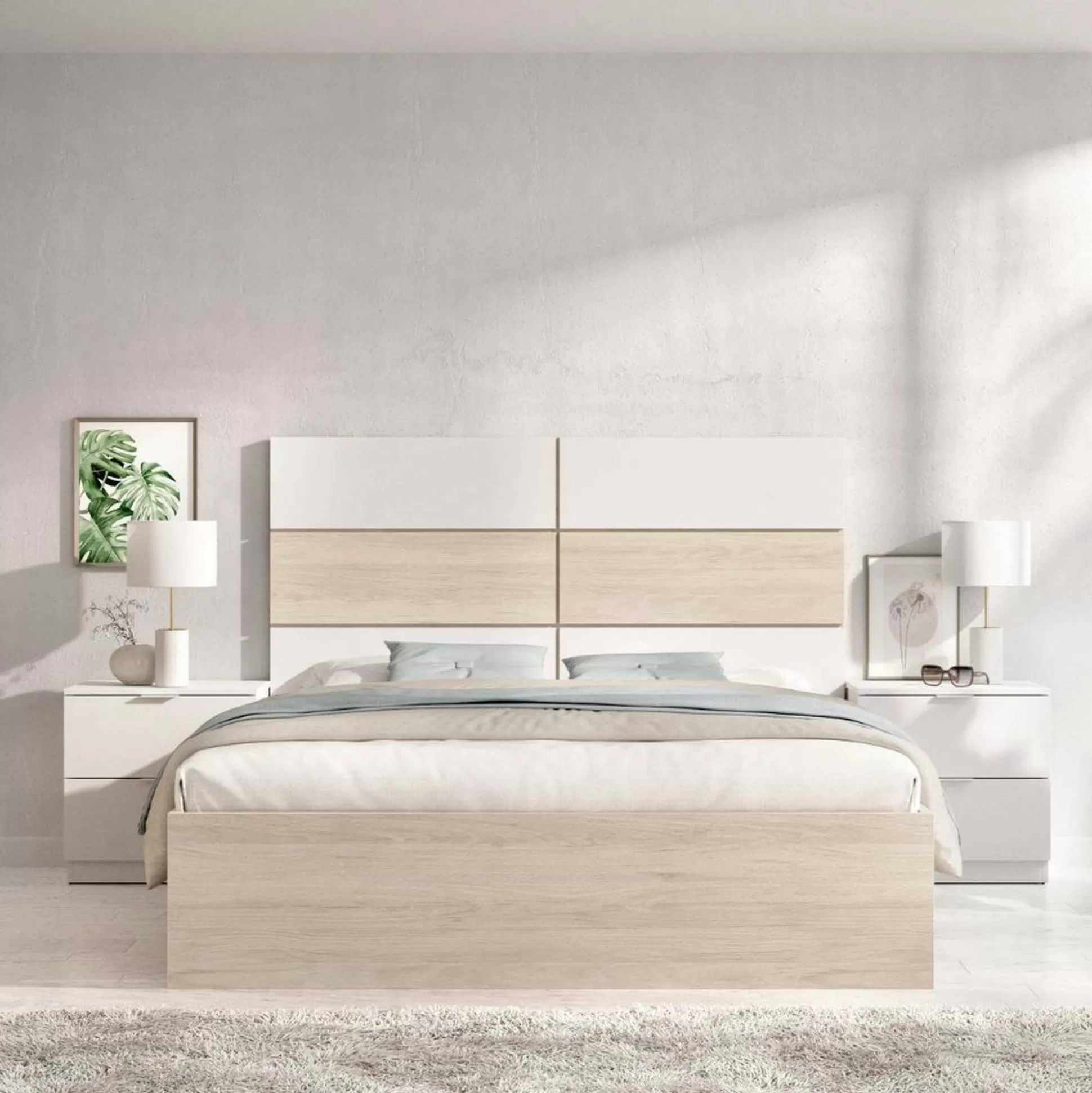 Dmora Letti Alla Francese<Letto alla francese Zimella, 259x195 h122 cm, Bianco e Rovere