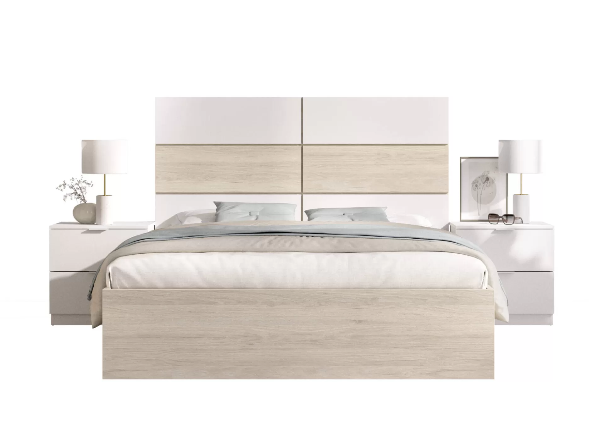 Dmora Letti Alla Francese<Letto alla francese Zimella, 259x195 h122 cm, Bianco e Rovere