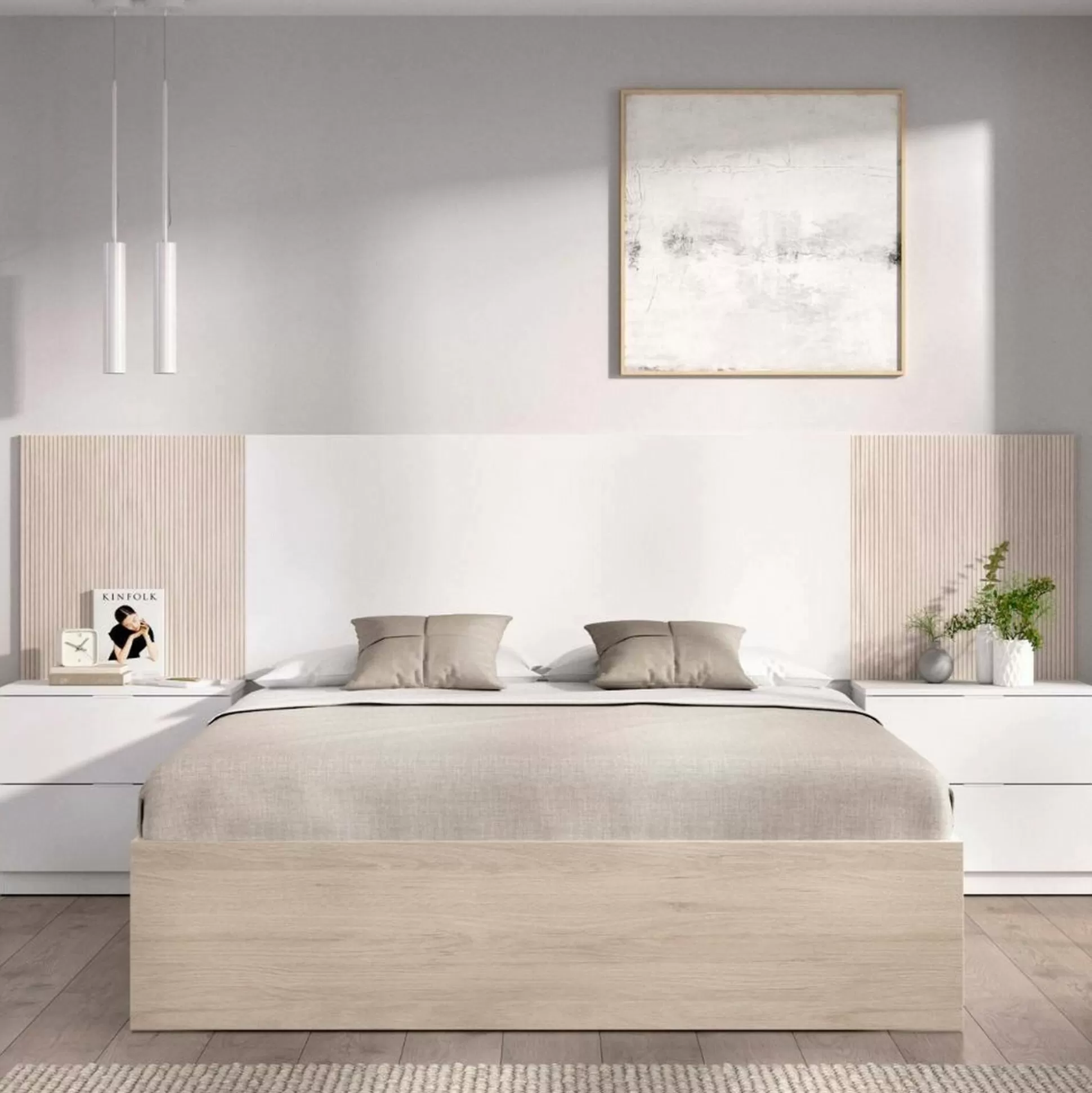 Dmora Letti Alla Francese<Letto alla francese Zoagli, 259x195 h106 cm, Bianco e Rovere