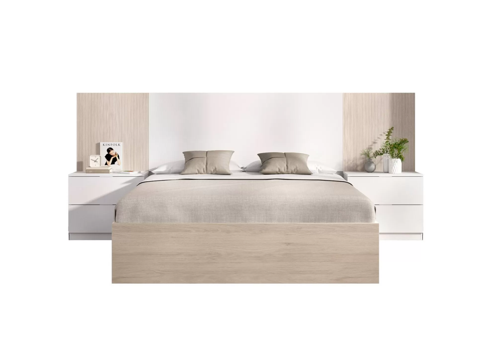 Dmora Letti Alla Francese<Letto alla francese Zoagli, 259x195 h106 cm, Bianco e Rovere