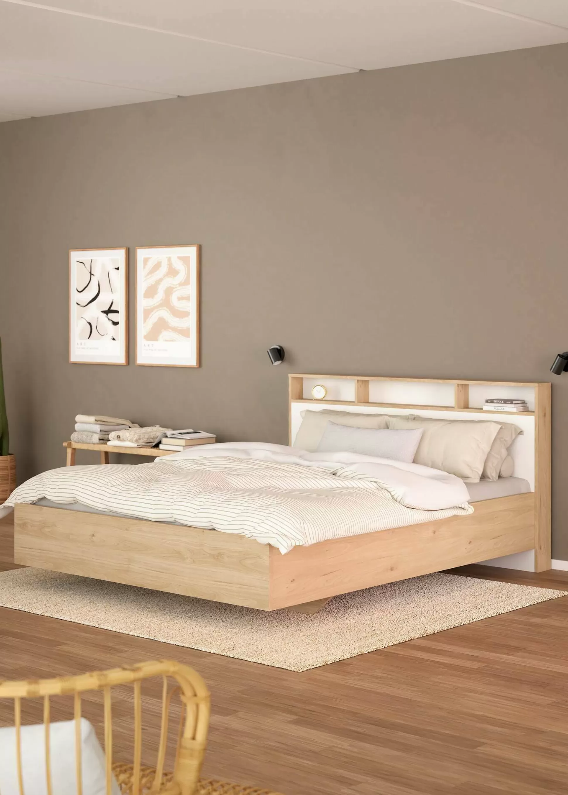 Dmora Letti Matrimoniali<Letto matrimoniale Dshib, 216x170 h1 cm, Rovere e Bianco