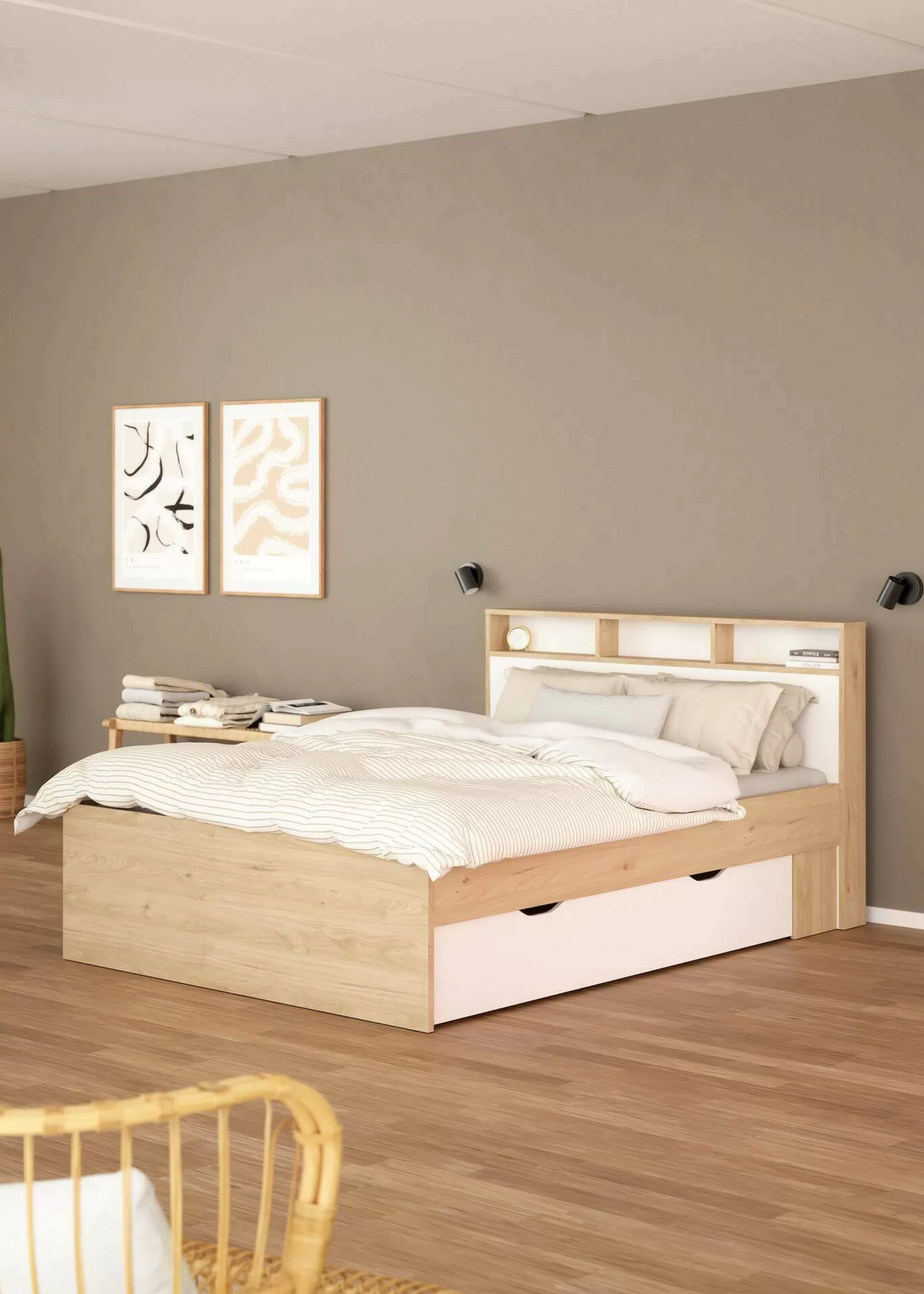 Dmora Letti Matrimoniali<Letto matrimoniale Enteng, 216x170 h97 cm, Rovere e Bianco
