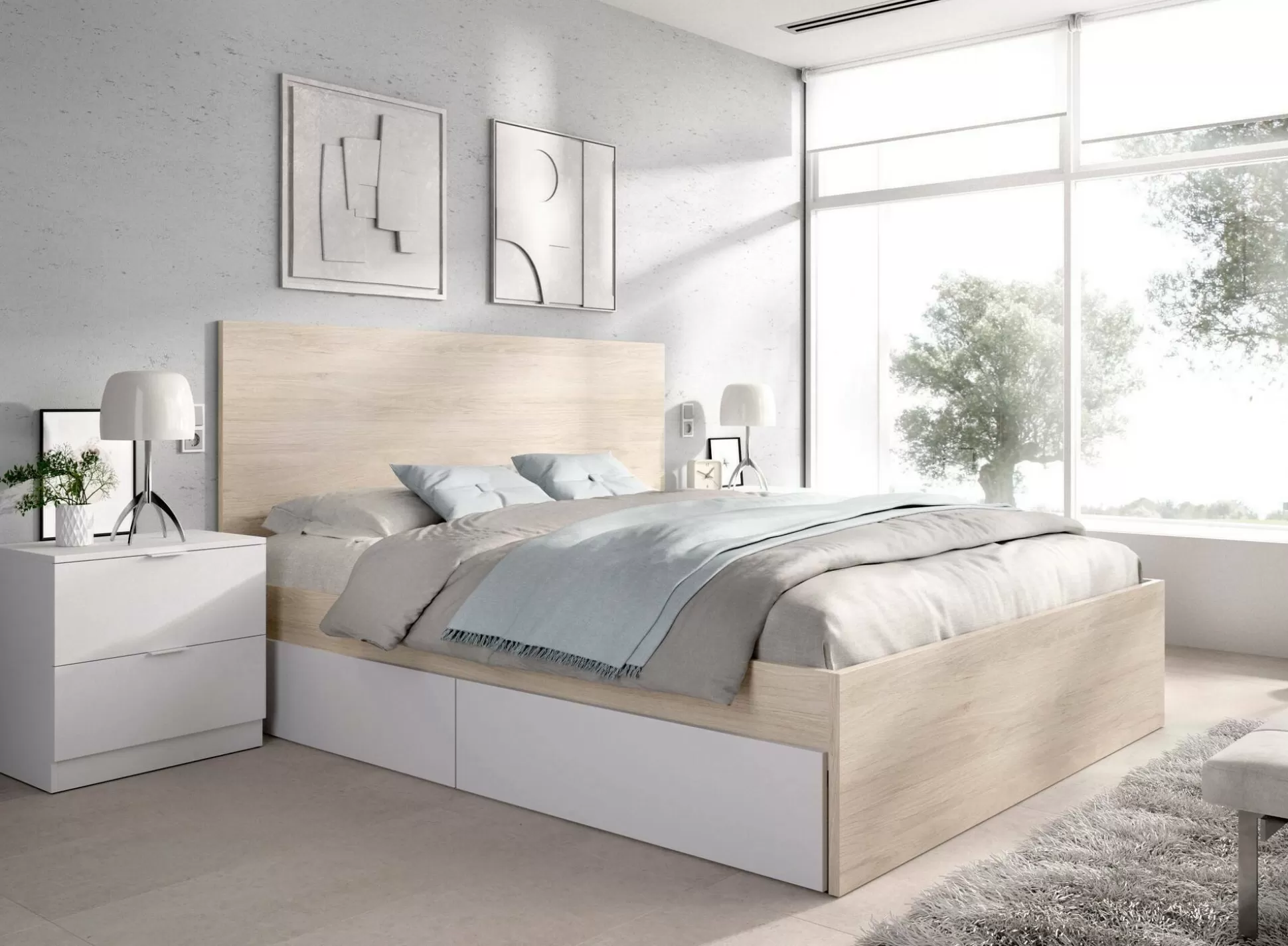 Dmora Letti Matrimoniali<Letto matrimoniale Usman, 269x205 h100 cm, Bianco e Rovere