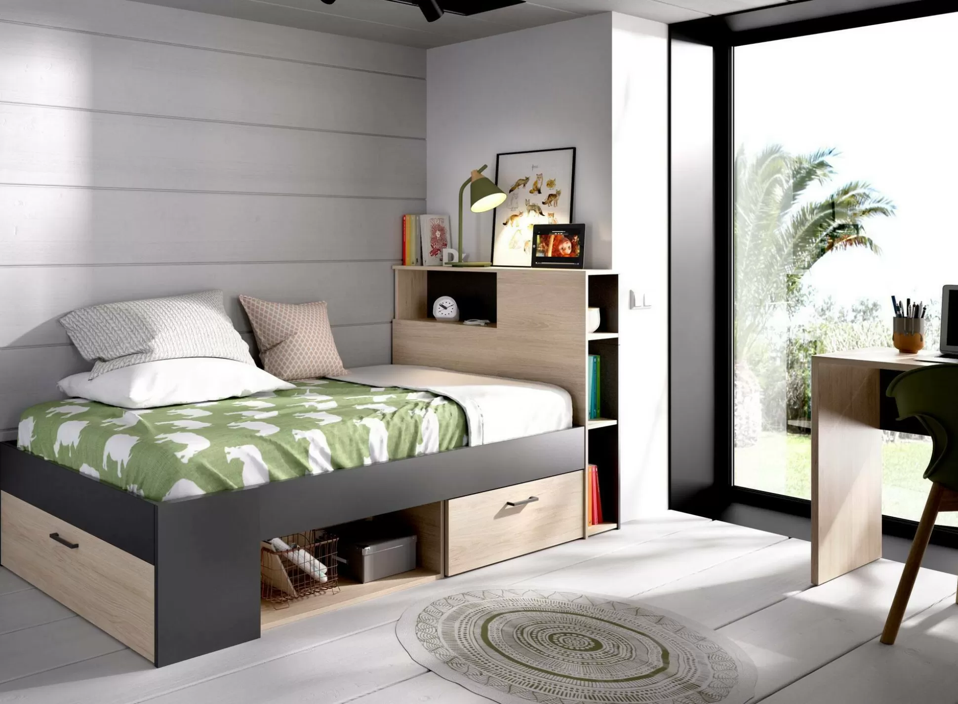 Dmora Letti Singoli<Letto per bambini Adrielle, 218x99h96 cm, Rovere e Antracite