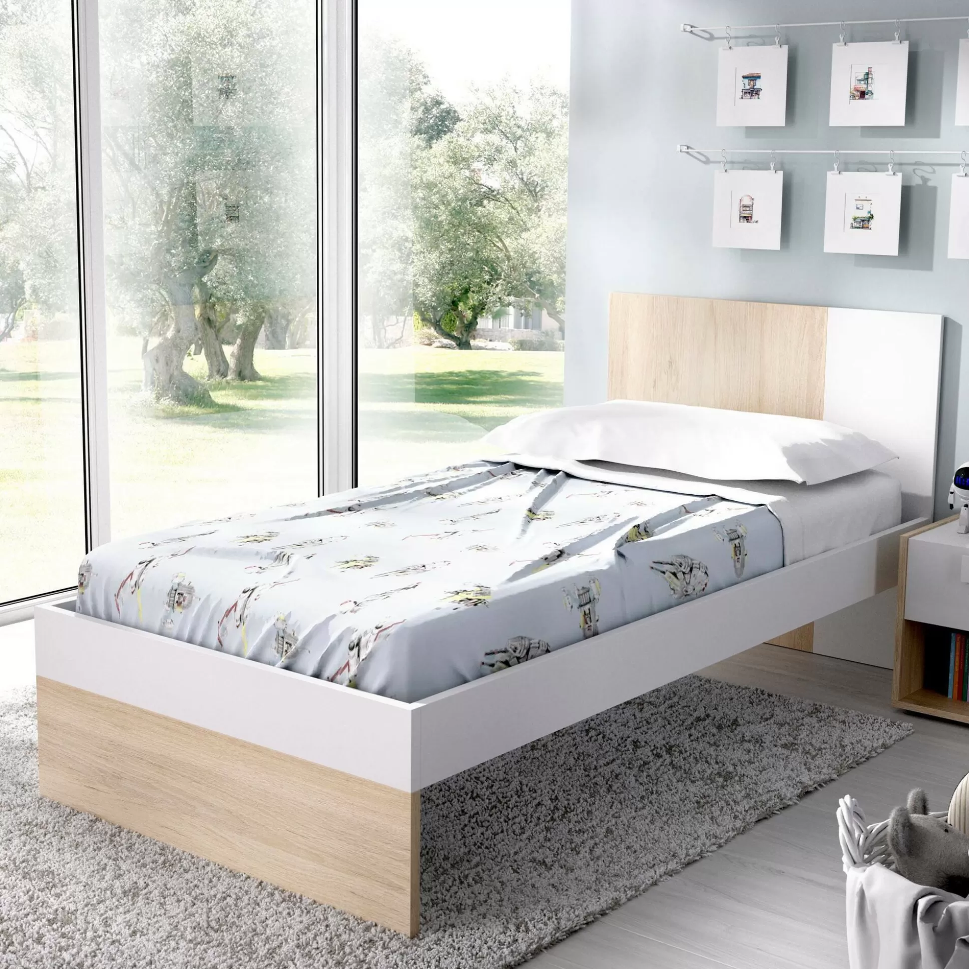 Dmora Letti Singoli<Letto per bambini Allegro, 196x97h79 cm, Bianco e Rovere