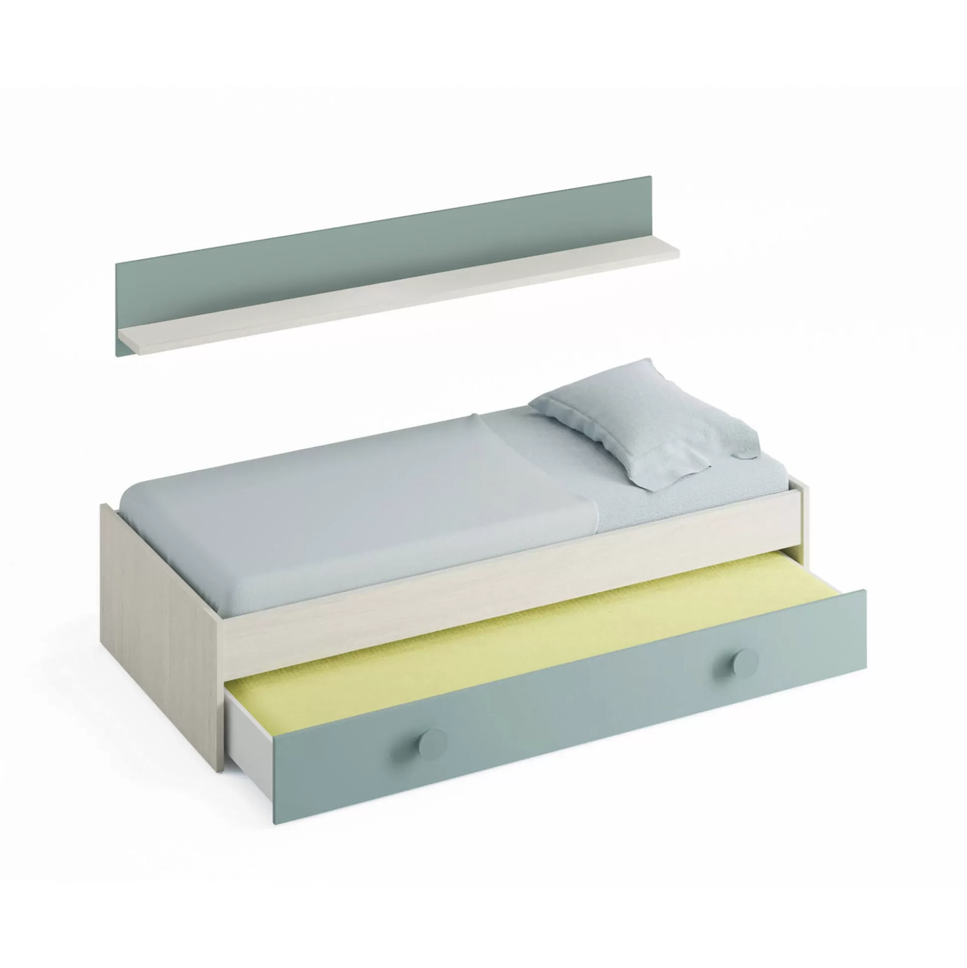 Dmora Letti Singoli<Letto per bambini Aqua, 201x98h43 cm, Bianco e Verde acqua