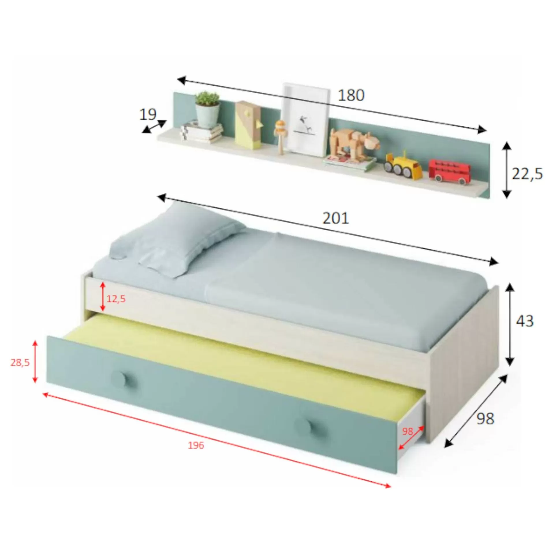 Dmora Letti Singoli<Letto per bambini Aqua, 201x98h43 cm, Bianco e Verde acqua