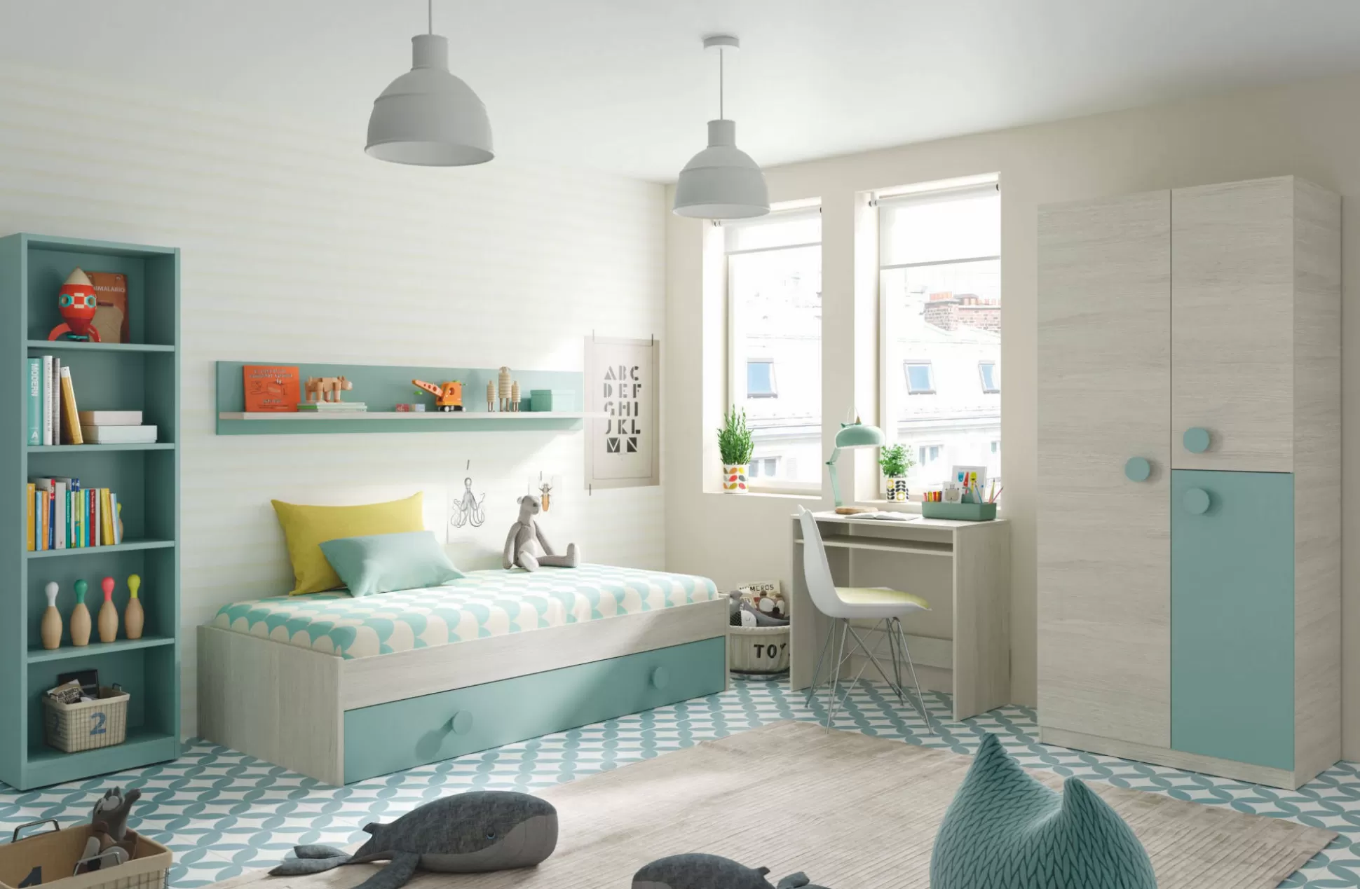 Dmora Letti Singoli<Letto per bambini Aqua, 201x98h43 cm, Bianco e Verde acqua