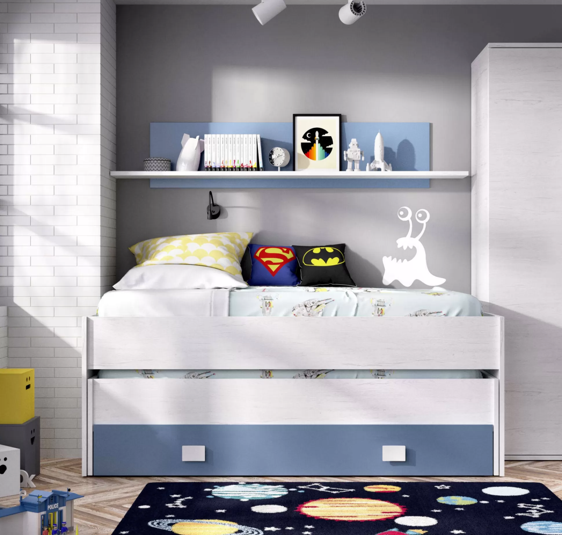Dmora Letti Singoli<Letto per bambini Arod, 200x99h74 cm, Bianco e Blu