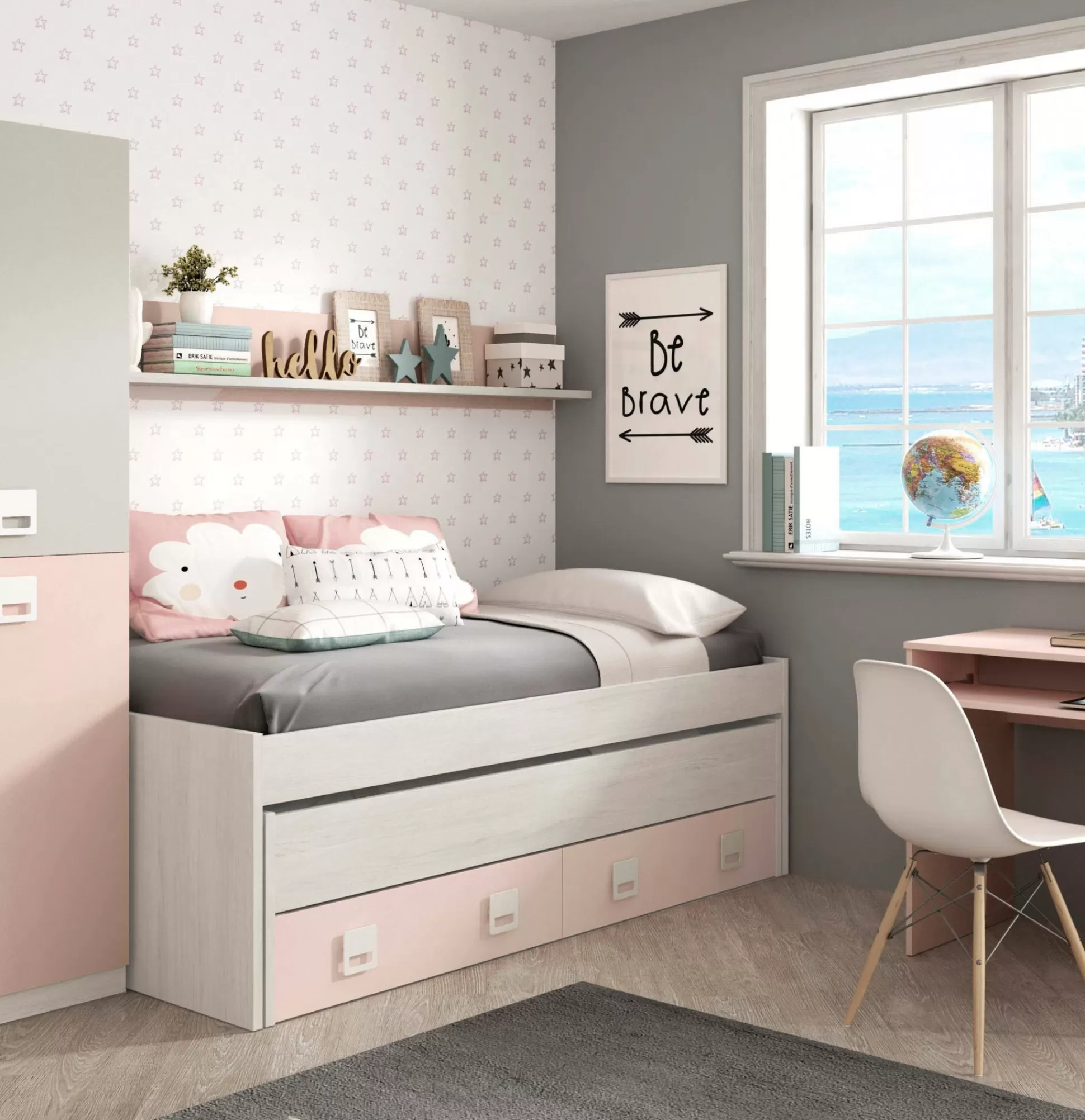 Dmora Letti Singoli<Letto per bambini Asi, 199x96h65 cm, Bianco e Rosa
