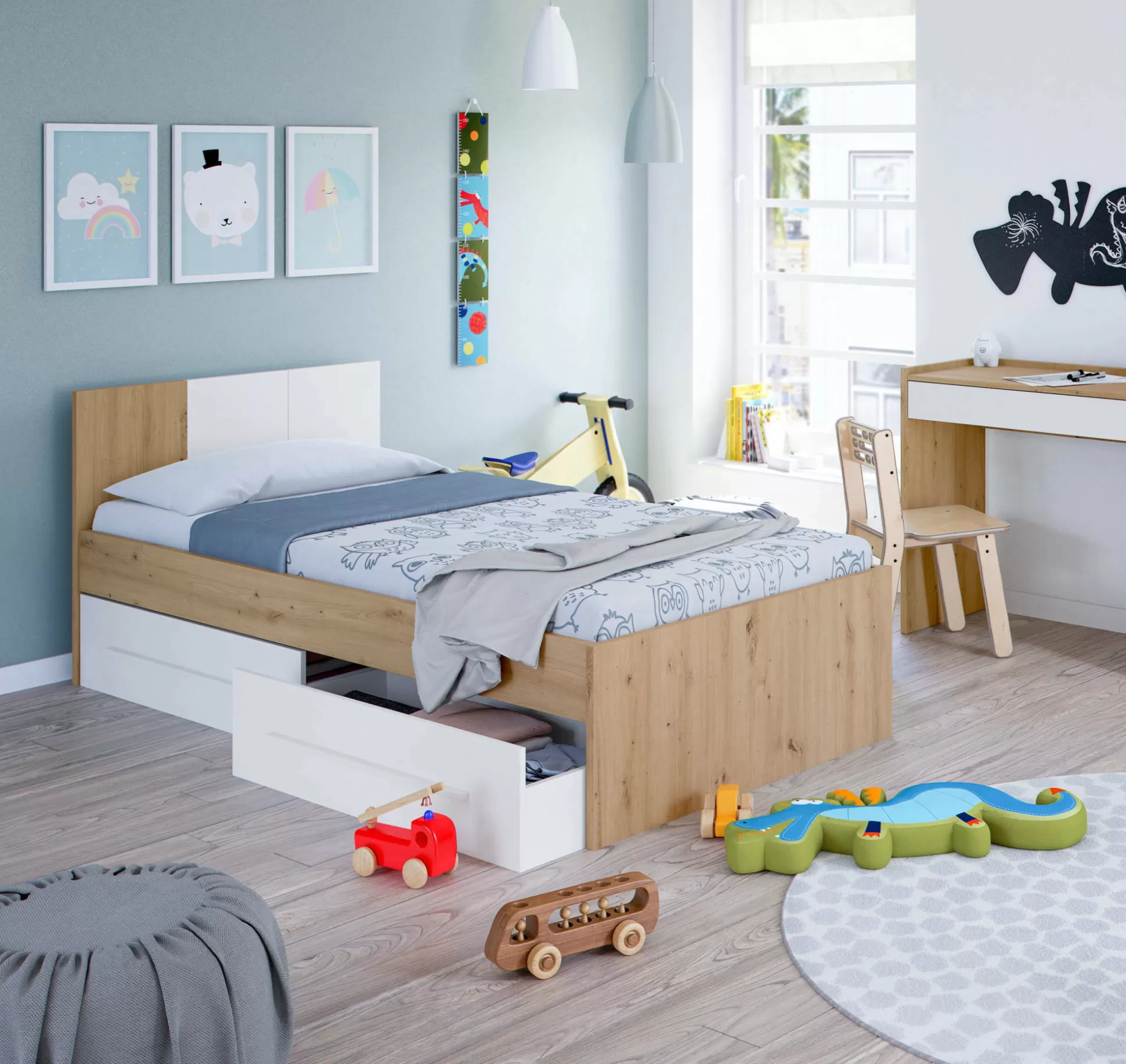 Dmora Letti Singoli<Letto per bambini Azalia, 196x97h77 cm, Rovere nodi e Bianco