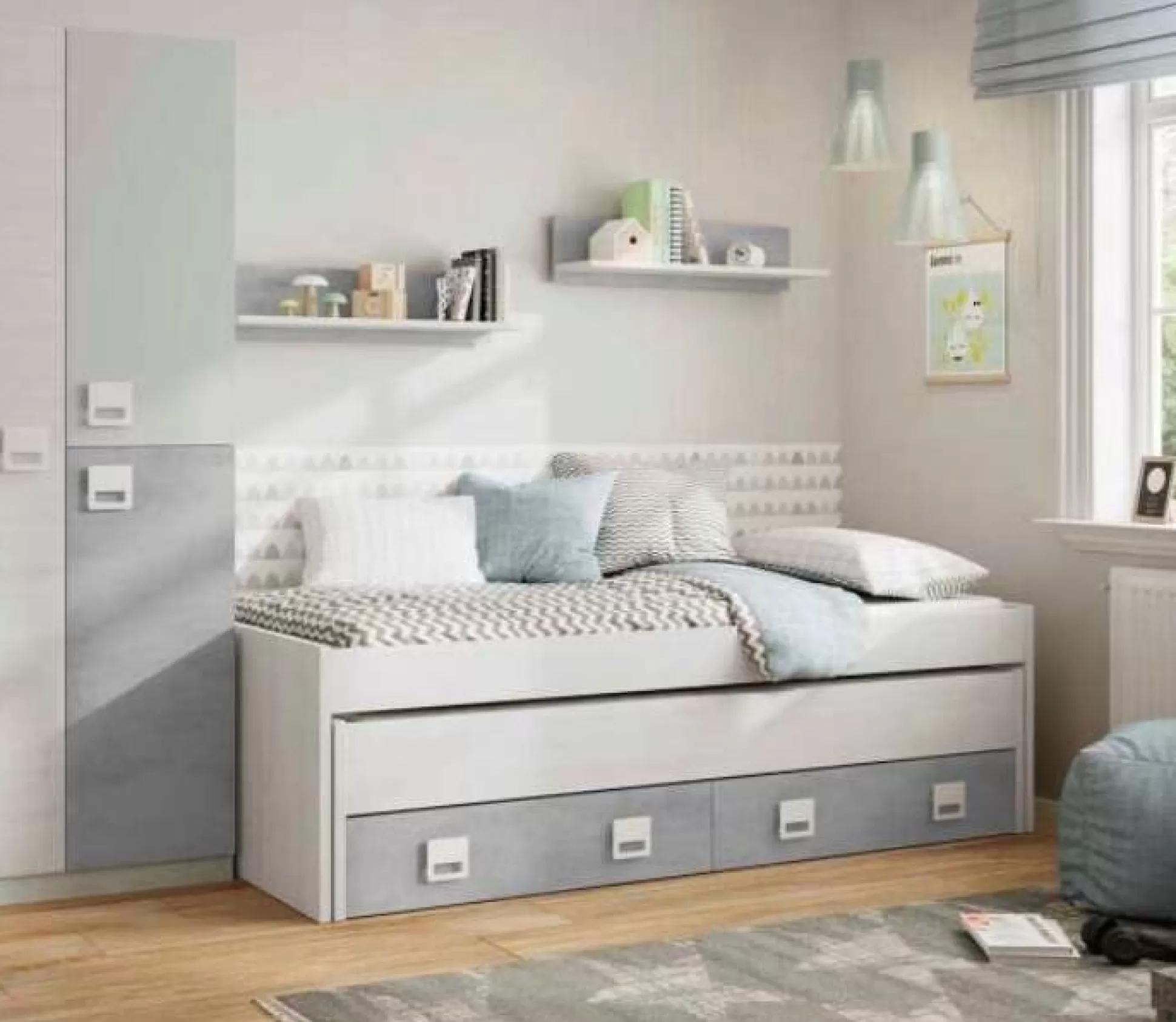 Dmora Letti Singoli<Letto per bambini Balzola, 199x96h65, Bianco e Cemento