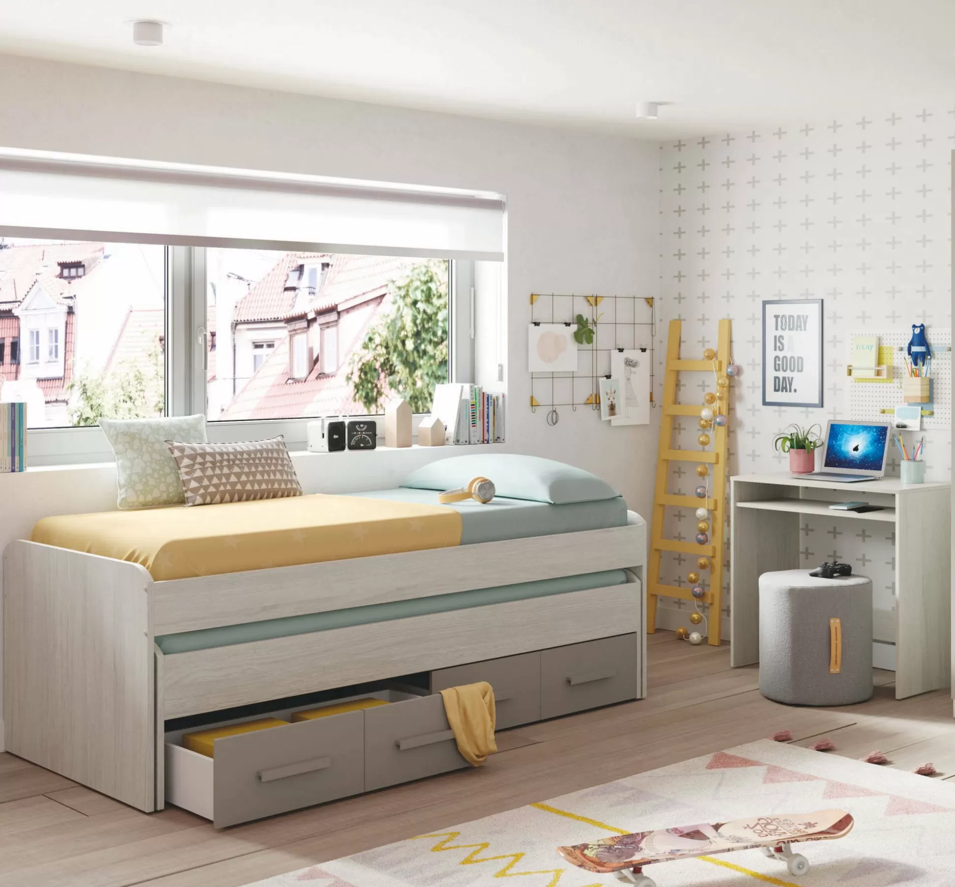 Dmora Letti Singoli<Letto per bambini Cupido, 198x96h69 cm, Bianco e Marrone