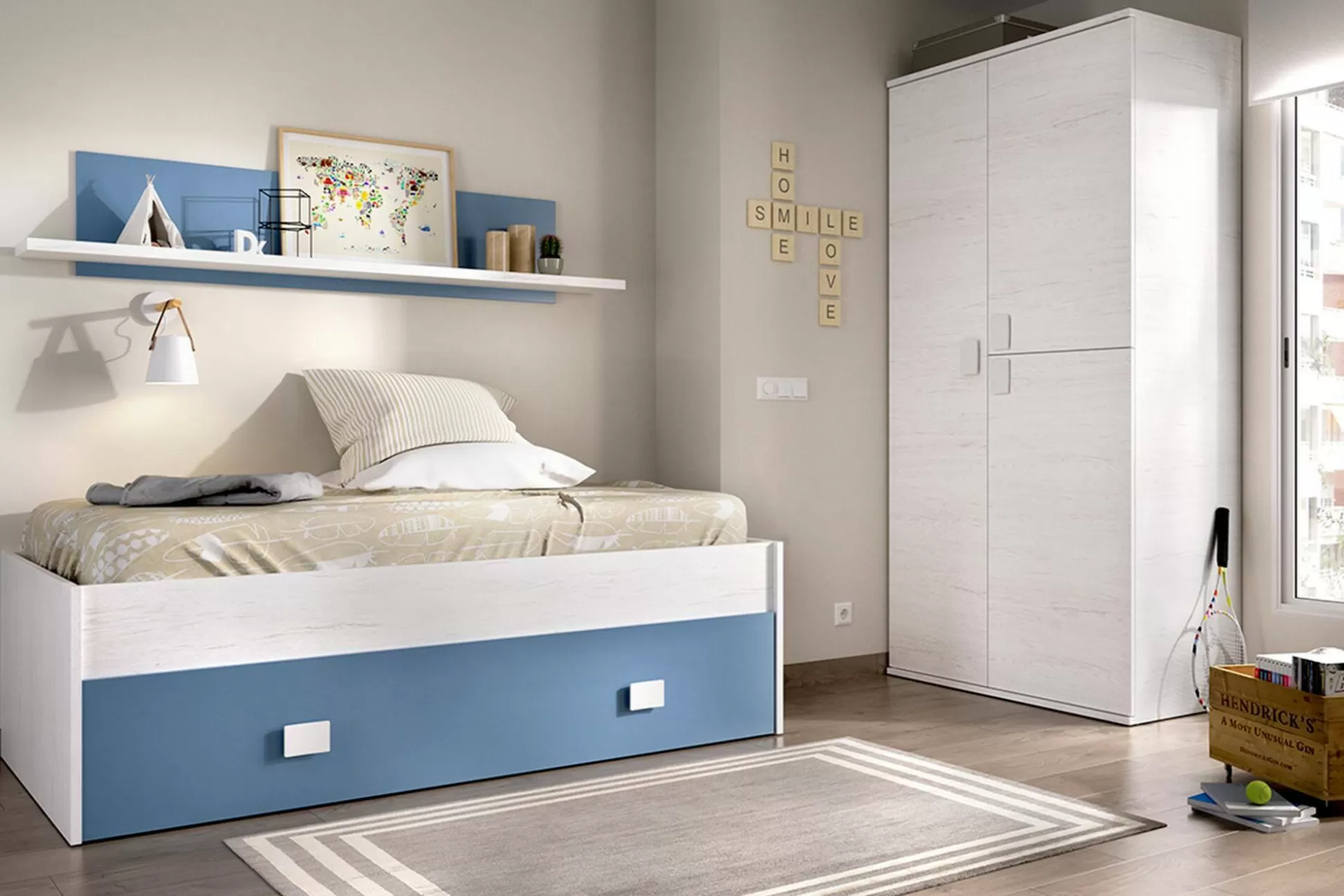 Dmora Letti Singoli<Letto per bambini Dkasam, 195x97h44 cm, Bianco e Blu