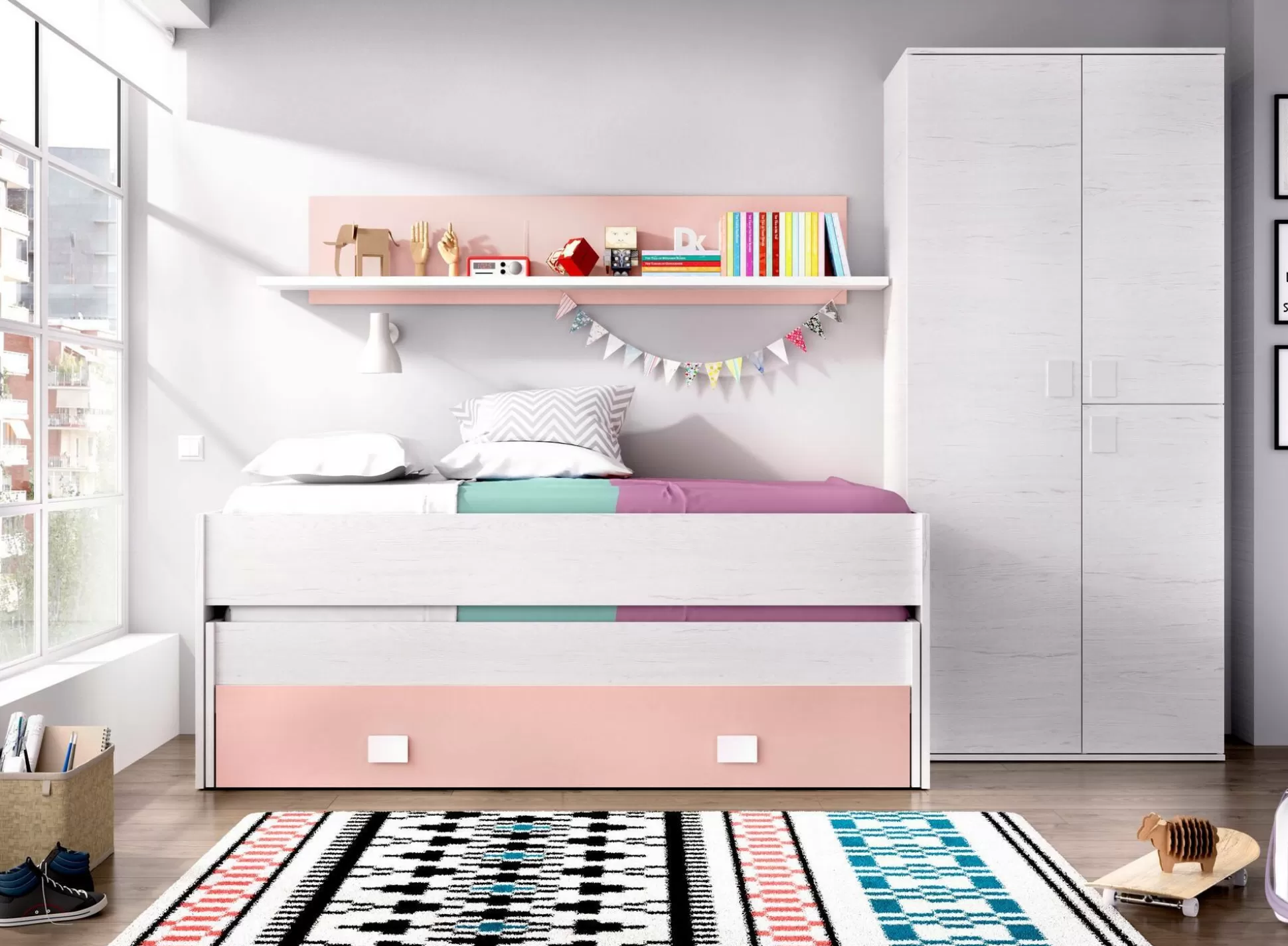 Dmora Letti Singoli<Letto per bambini Dlicat, 200x99h74 cm, Bianco e Rosa