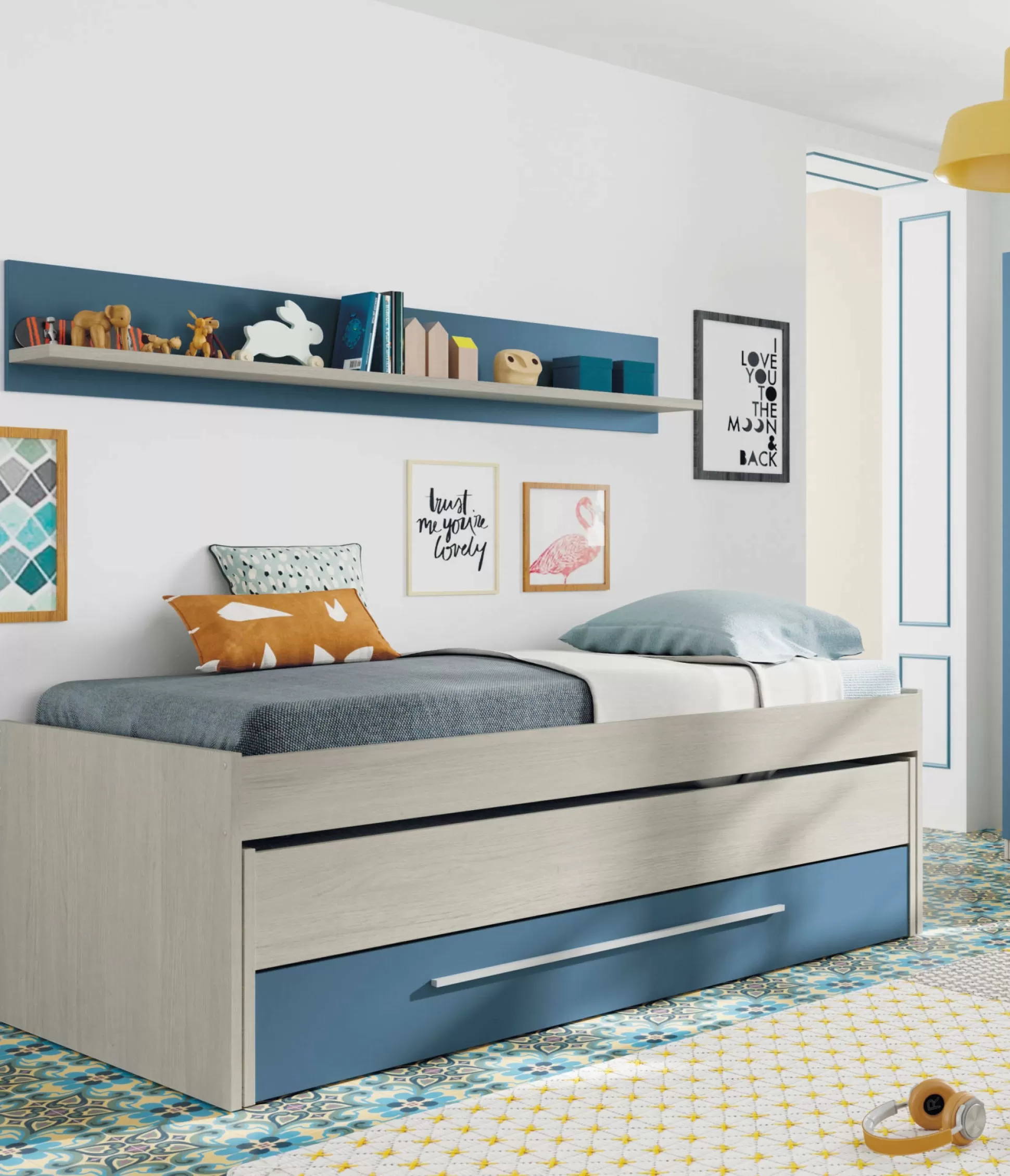 Dmora Letti Singoli<Letto per bambini Dmialic, 199x96h65 cm, Bianco e Blu