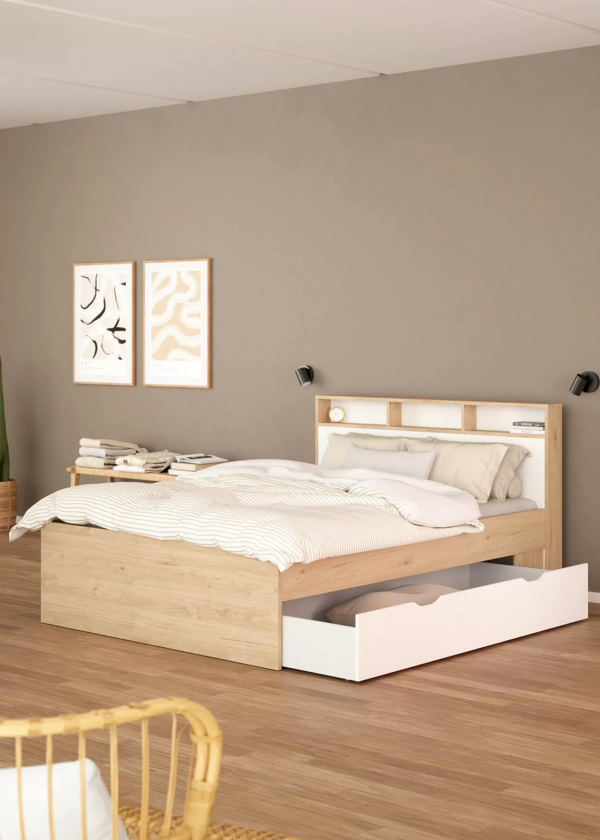Dmora Letti Piazza E Mezza<Letto piazza e mezza Drovell, 206x150 h97 cm, Rovere e Bianco