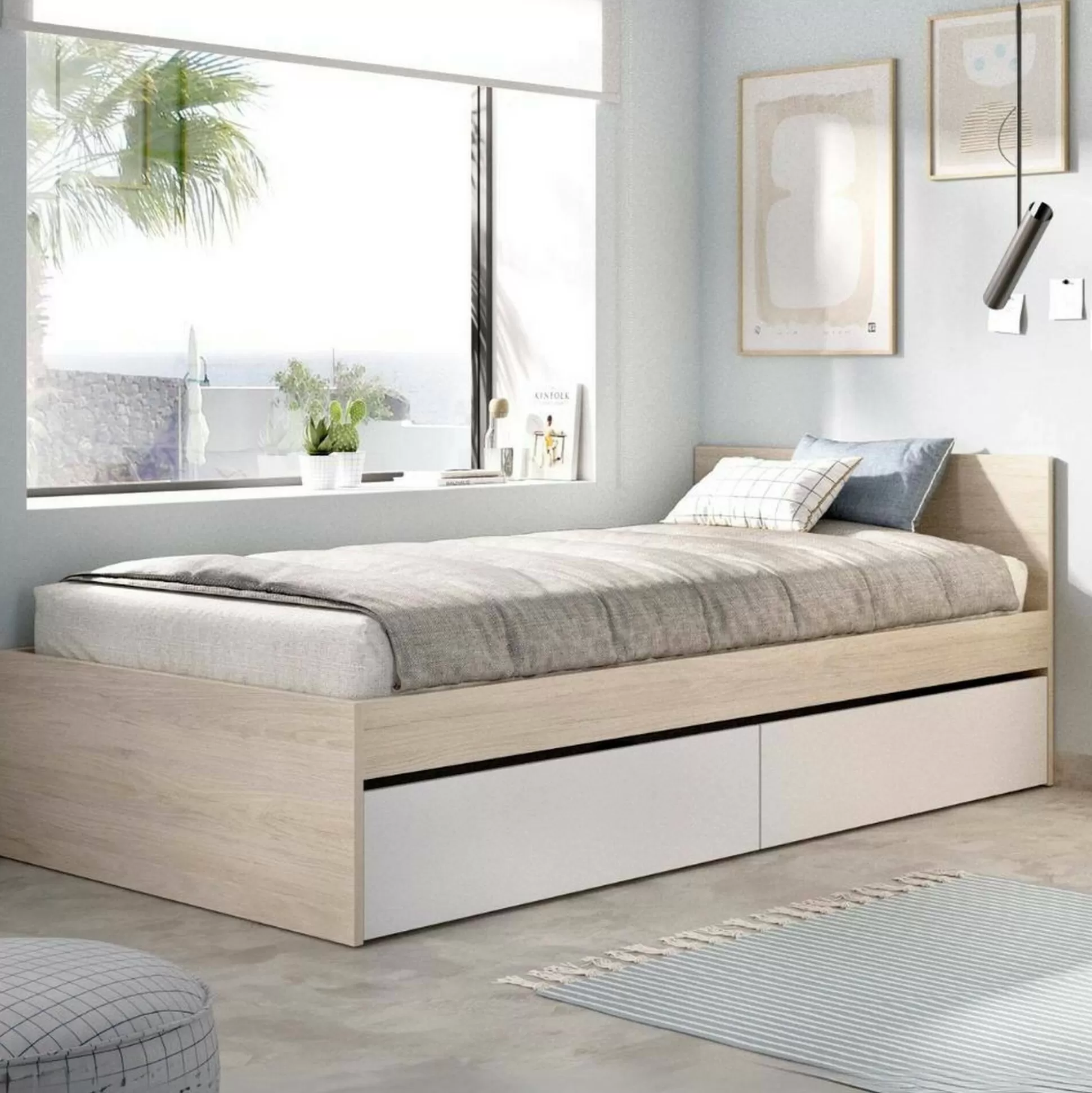 Dmora Letti Singoli<Letto singolo Arcade, 96x195 h67 cm, Bianco e Rovere