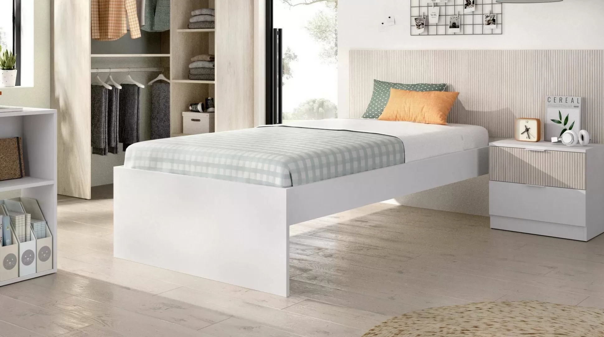 Dmora Letti Singoli<Letto singolo Guillermo, 146x195 h106 cm, Bianco e Rovere