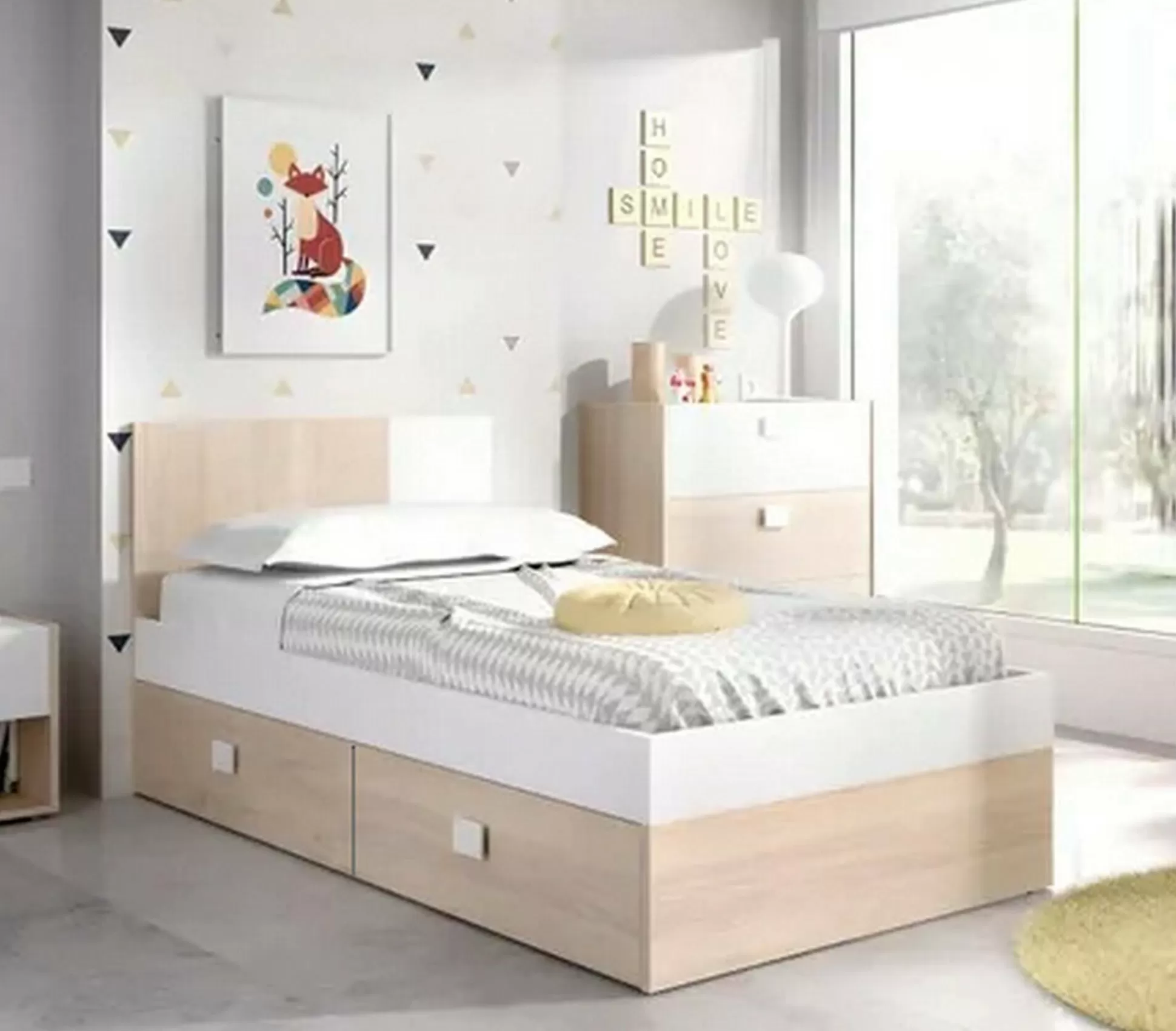 Dmora Letti Singoli<Letto singolo Rashmi, 97x196 h79 cm, Bianco e Rovere