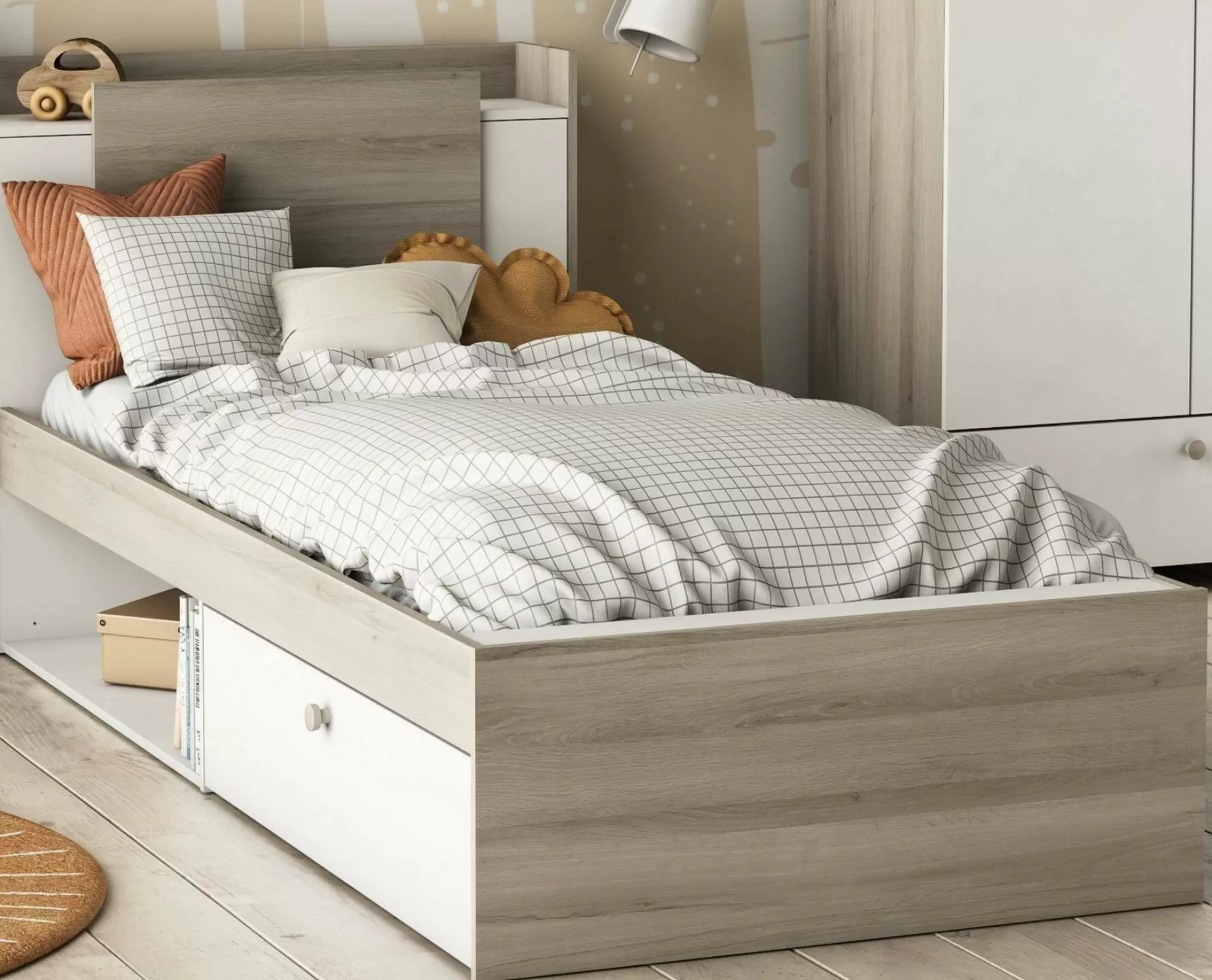 Dmora Letti Singoli<Letto singolo Wali, 200x120 h 91 cm, Rovere e Bianco opaco