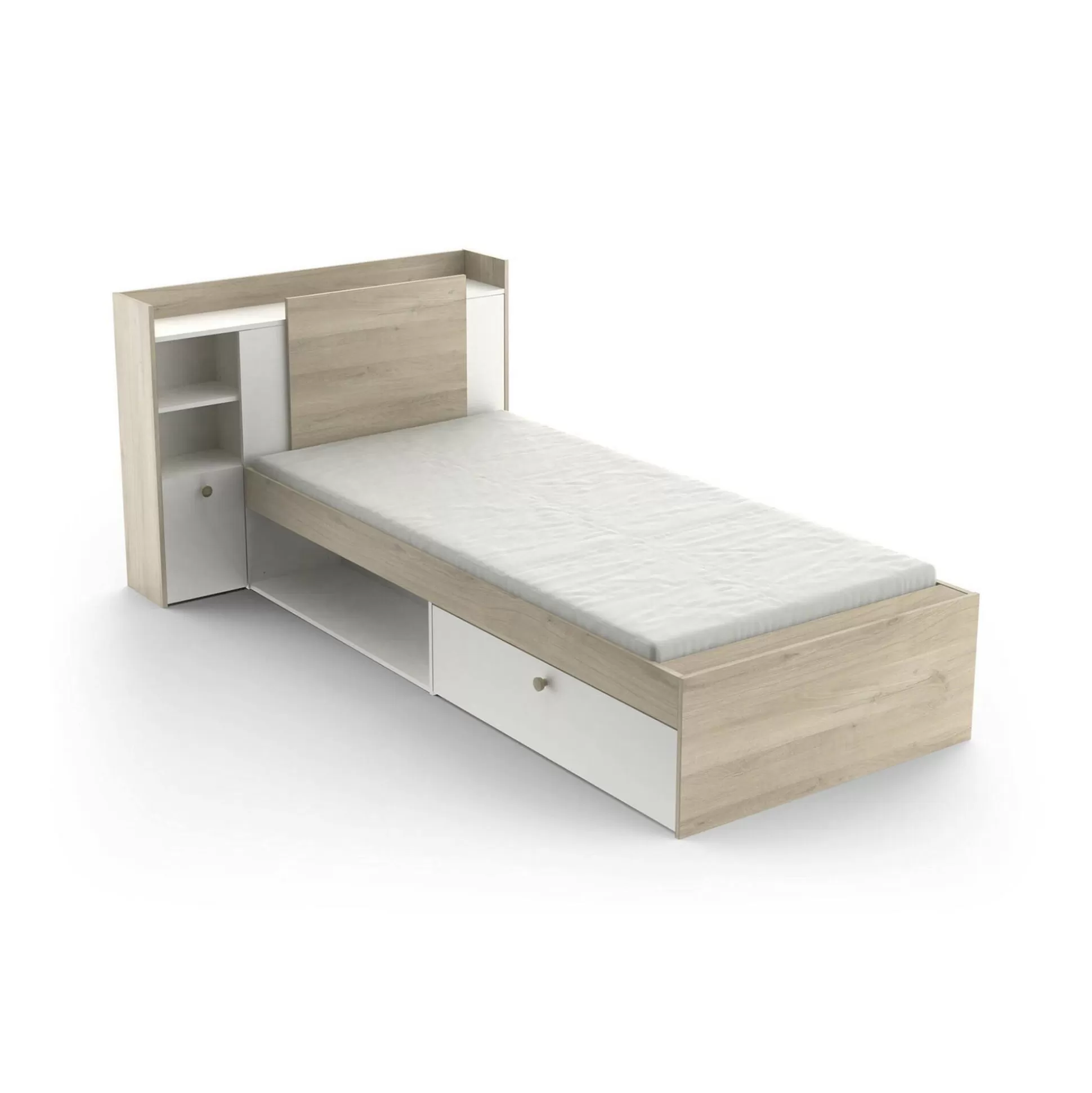 Dmora Letti Singoli<Letto singolo Wali, 200x120 h 91 cm, Rovere e Bianco opaco
