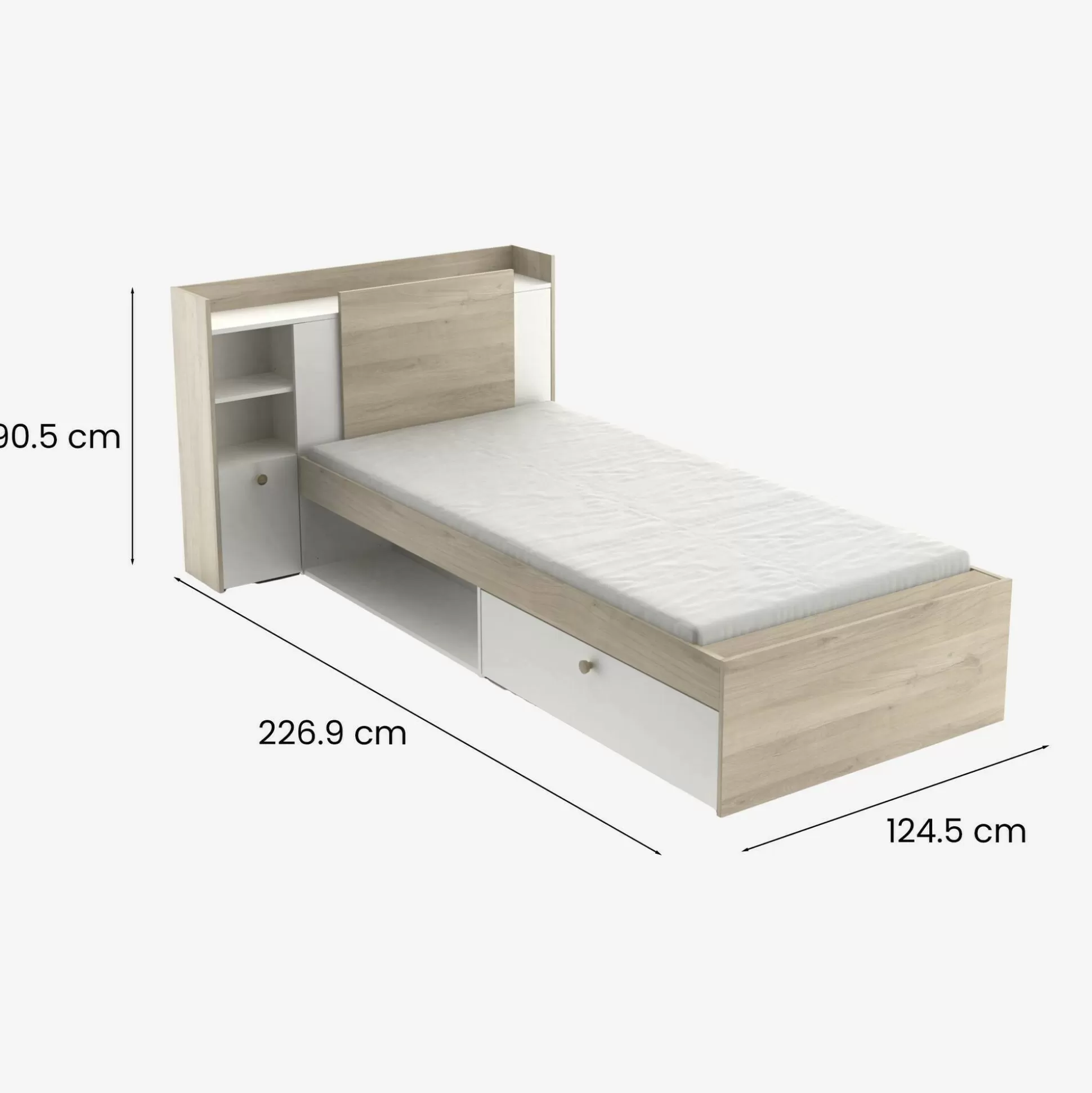 Dmora Letti Singoli<Letto singolo Wali, 200x120 h 91 cm, Rovere e Bianco opaco