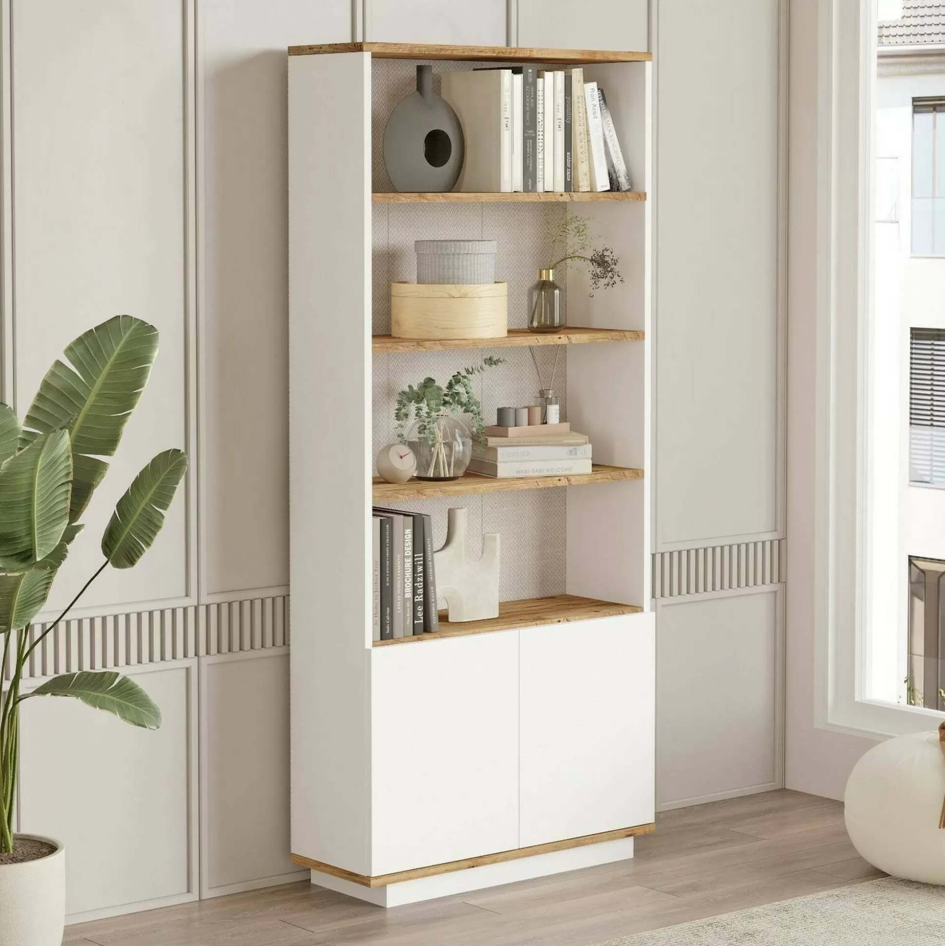 Dmora Librerie<Libreria Achromic, 75x27h168 cm, Quercia e Bianco