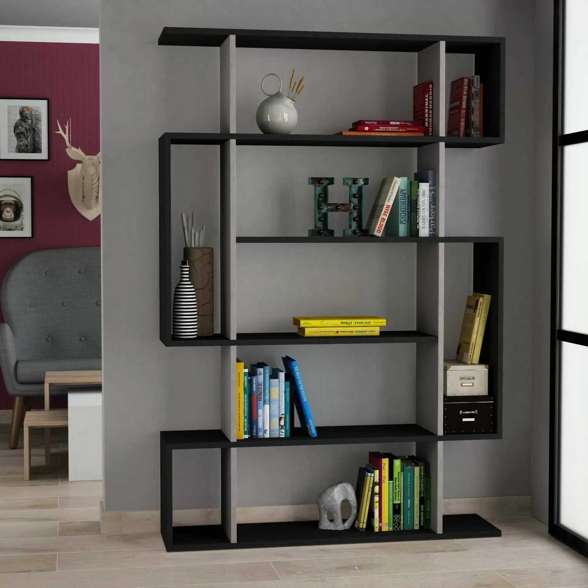 Dmora Librerie<Libreria Agamermis, 110x26h161 cm, Antracite e Beige