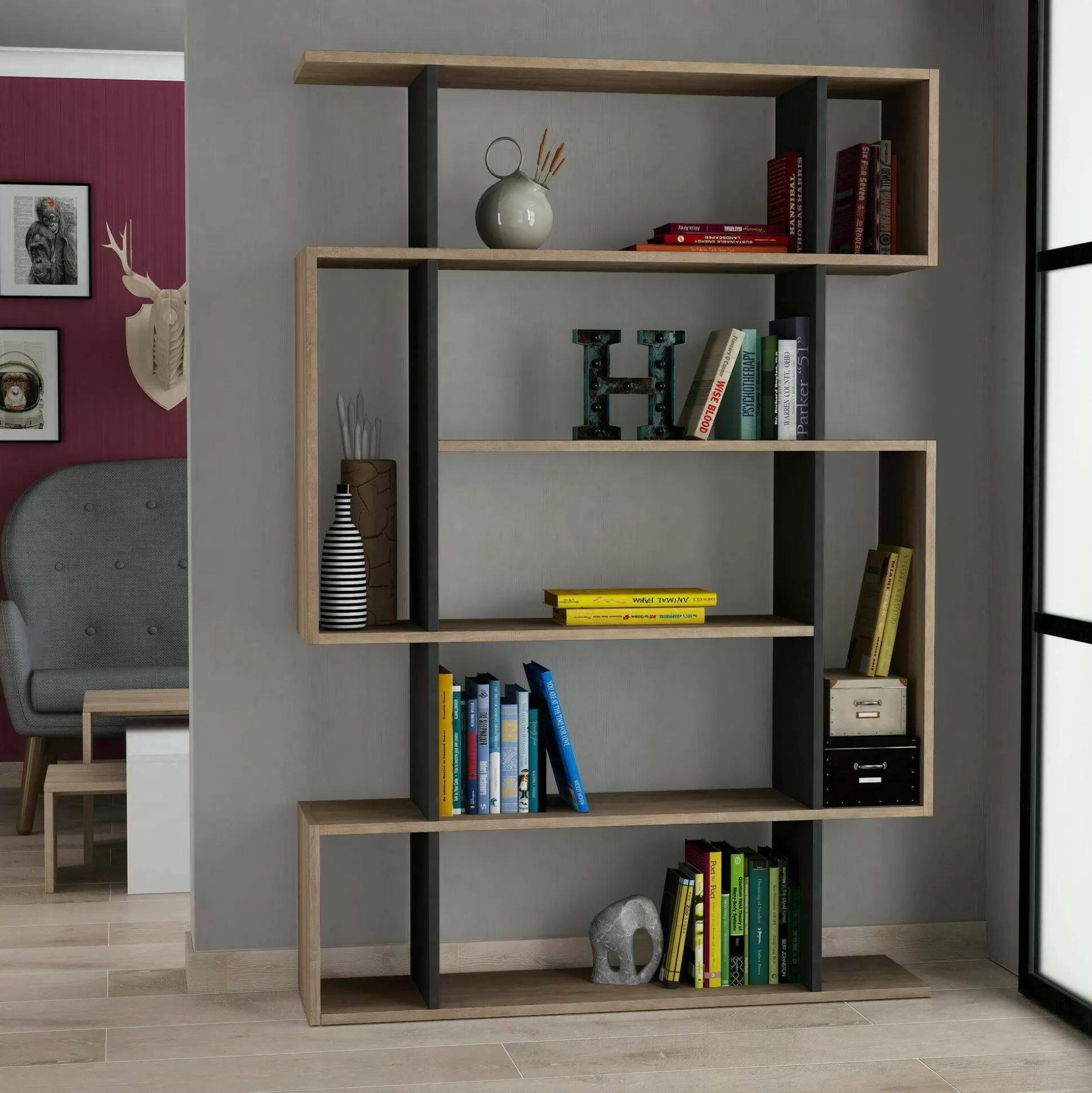 Dmora Librerie<Libreria Agamermis, 110x26h161 cm, Quercia e Antracite