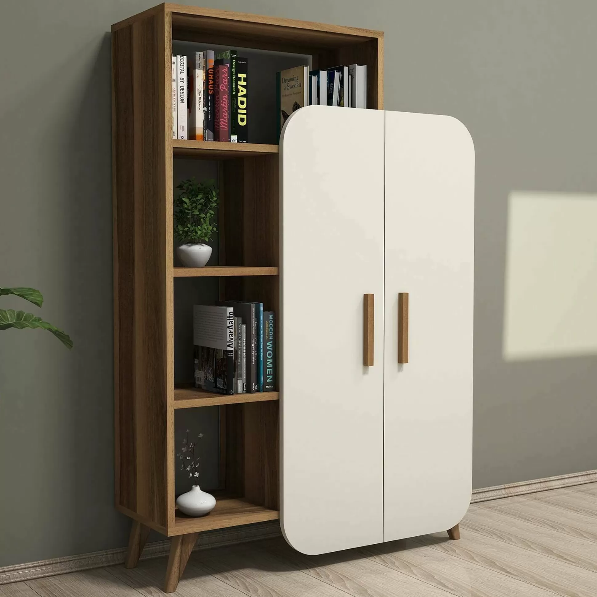 Dmora Librerie<Libreria Agni, 90x32 h132 cm, Noce e Crema