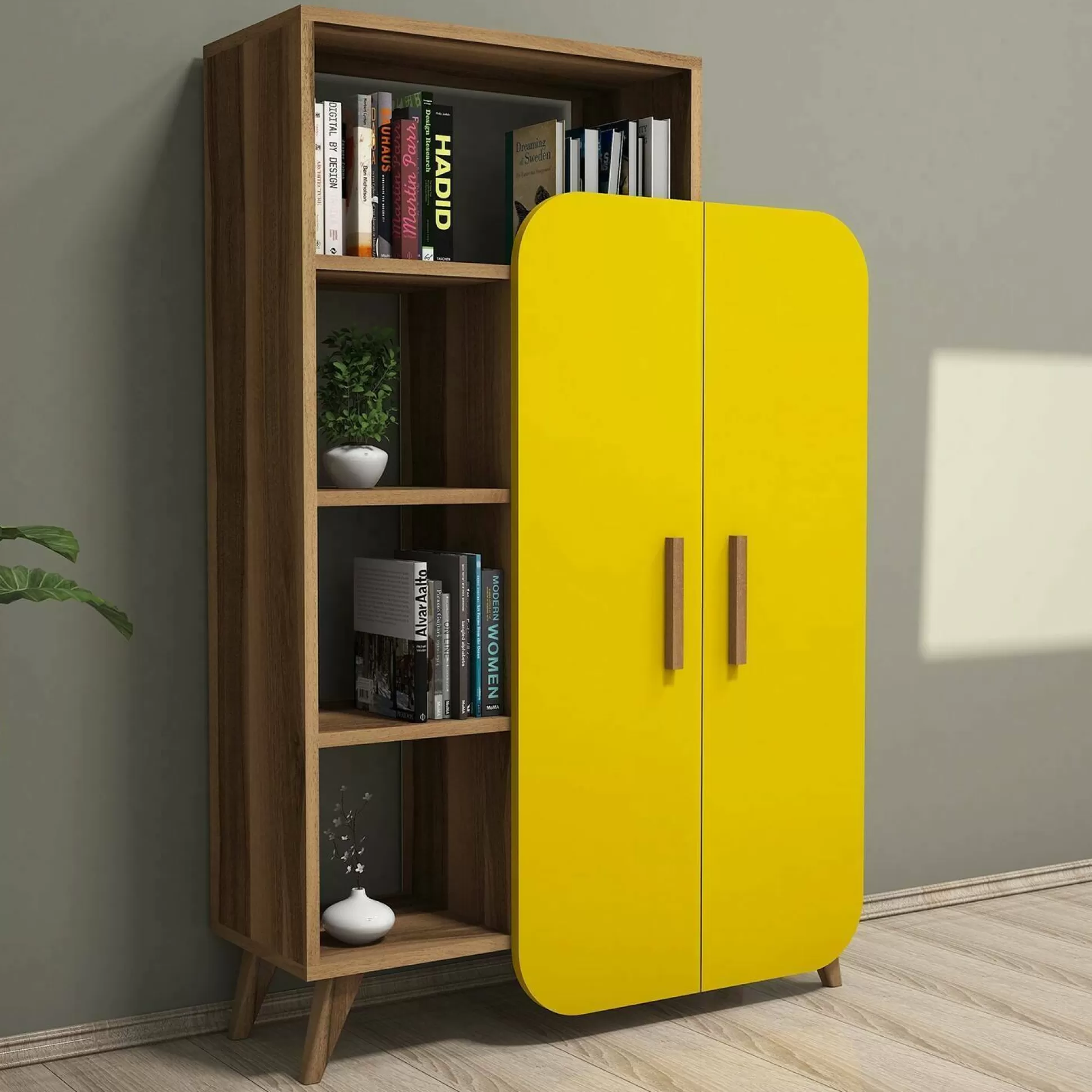 Dmora Librerie<Libreria Agni, 90x32 h132 cm, Noce e Giallo