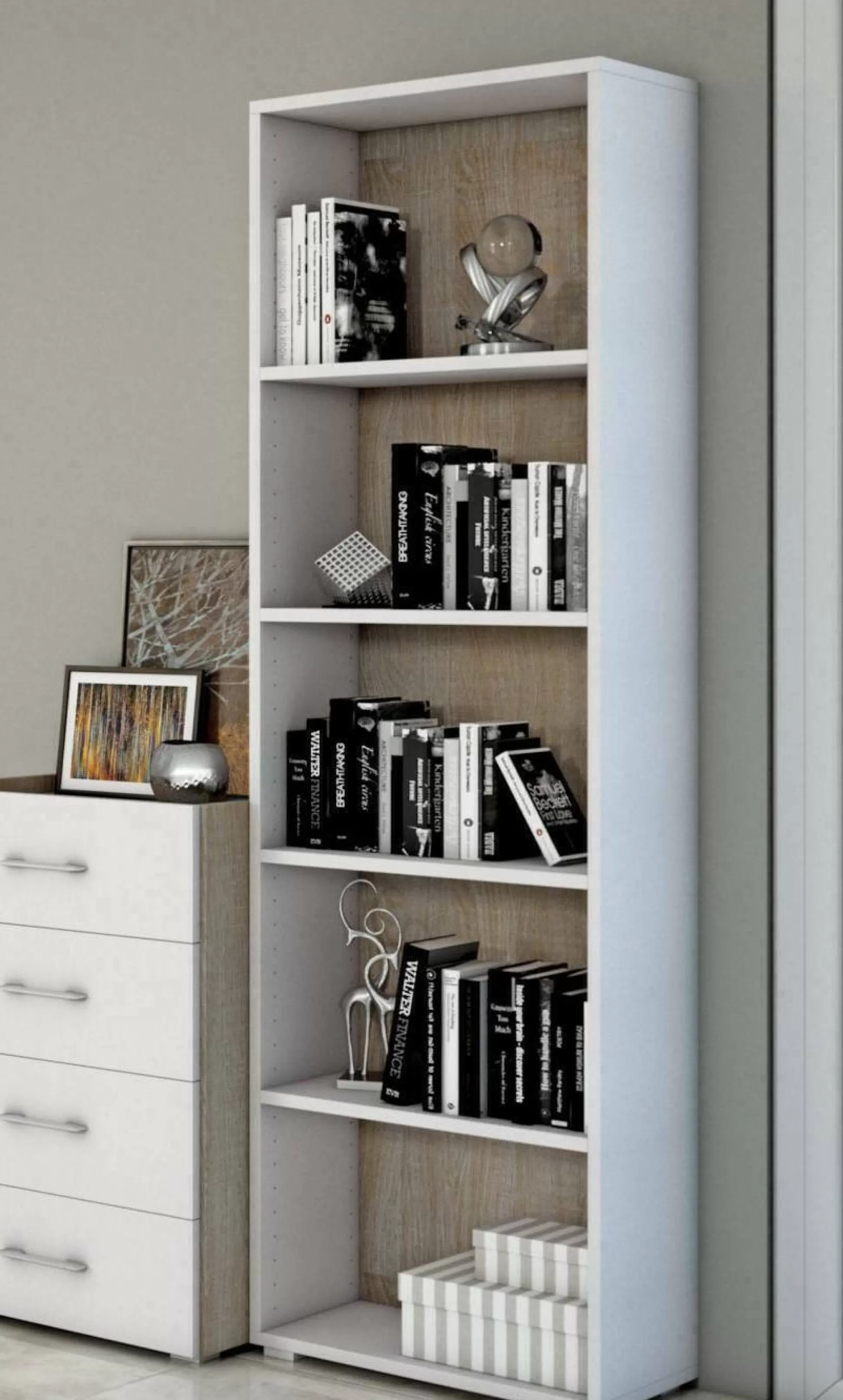 Dmora Librerie<Libreria Allevien, 60x30h195 cm, Bianco e Rovere