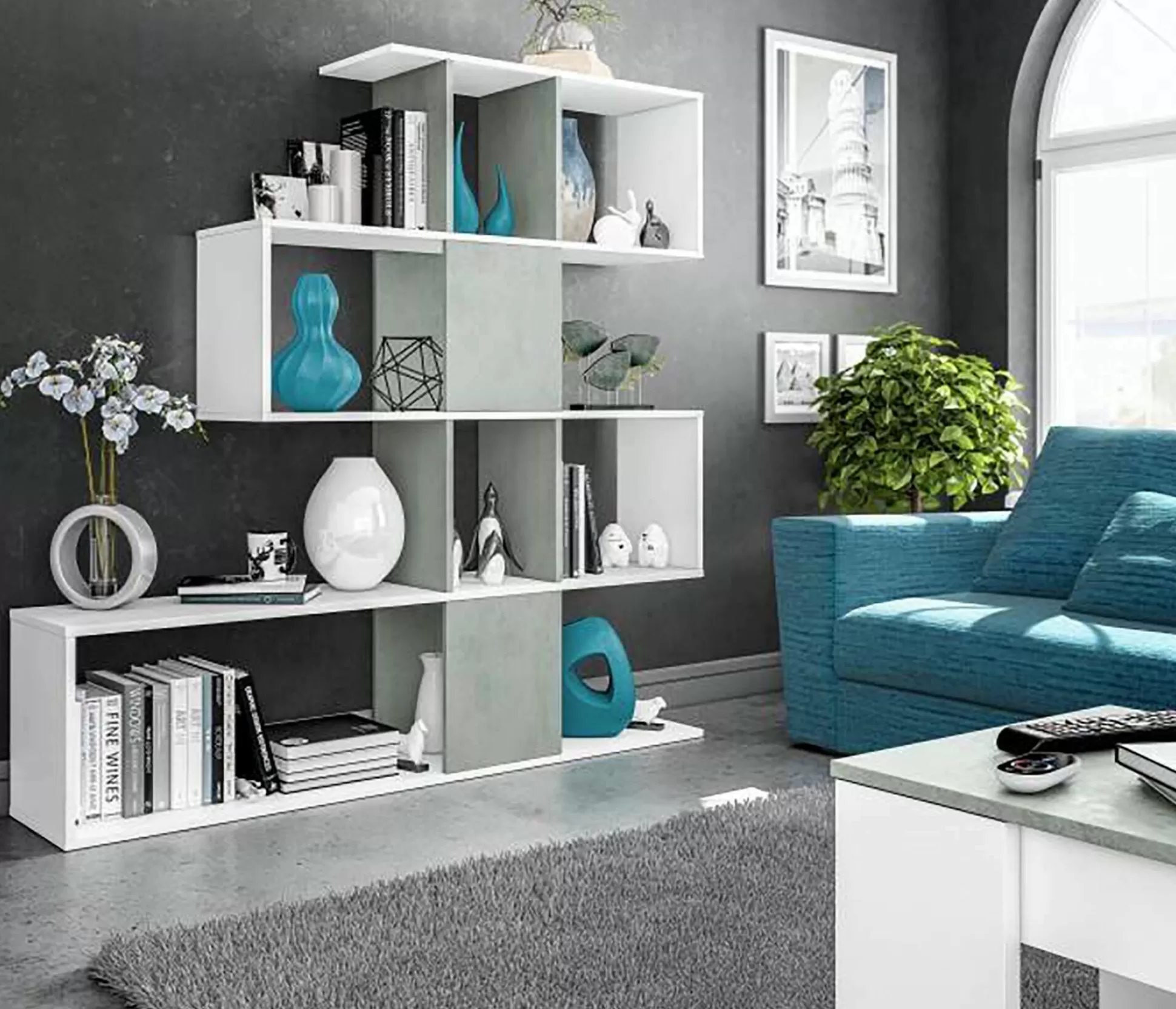 Dmora Librerie<Libreria Aracnidi, 145x29h145 cm, Bianco e Cemento