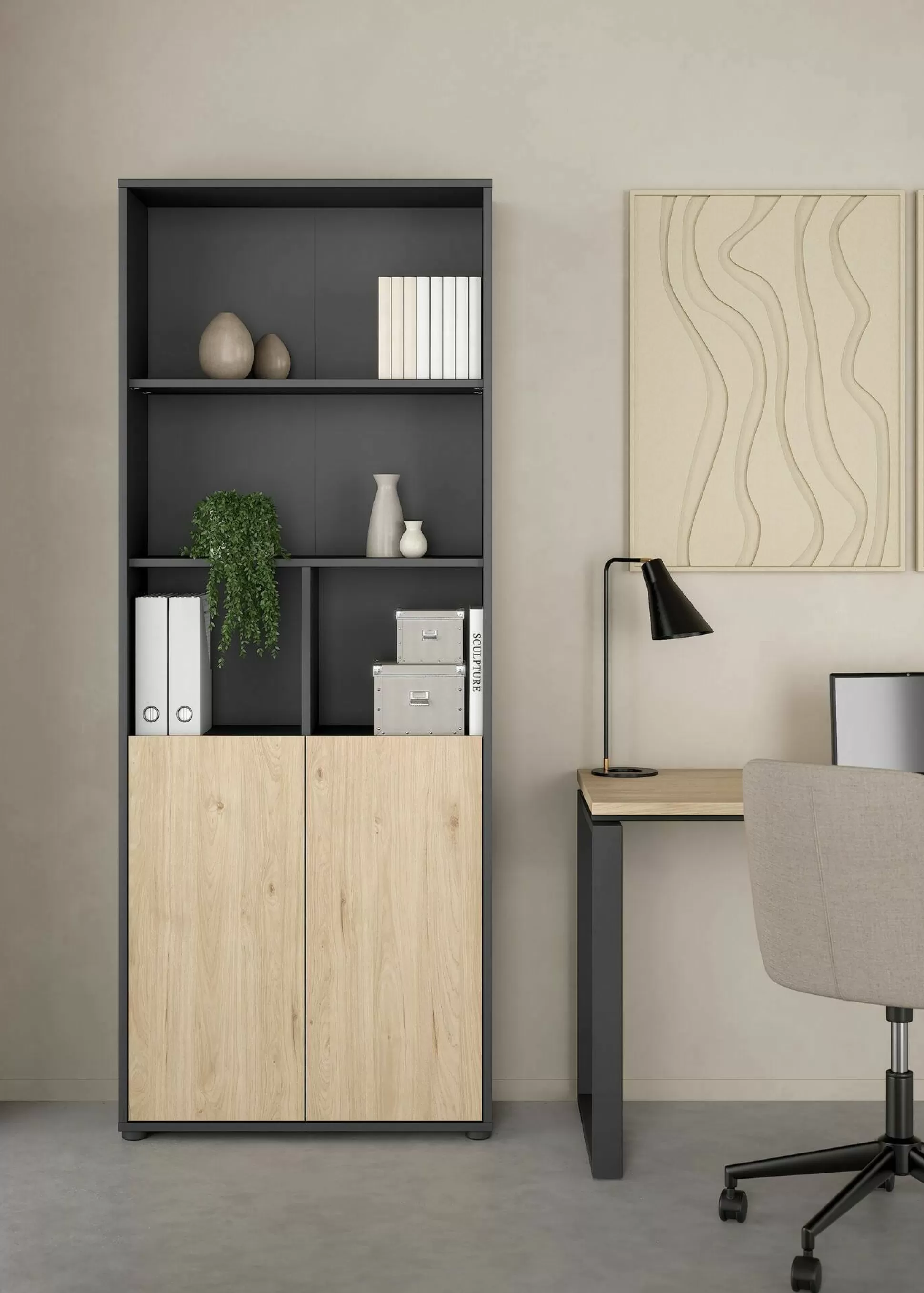 Dmora Librerie<Libreria Arancio, 34x80 h205 cm, Rovere e Grigio