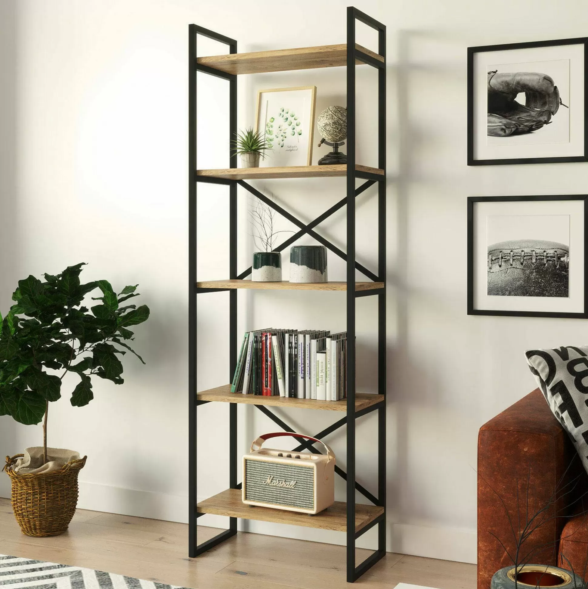 Dmora Librerie<Libreria Arbus, 58x30h175 cm, Quercia e Nero