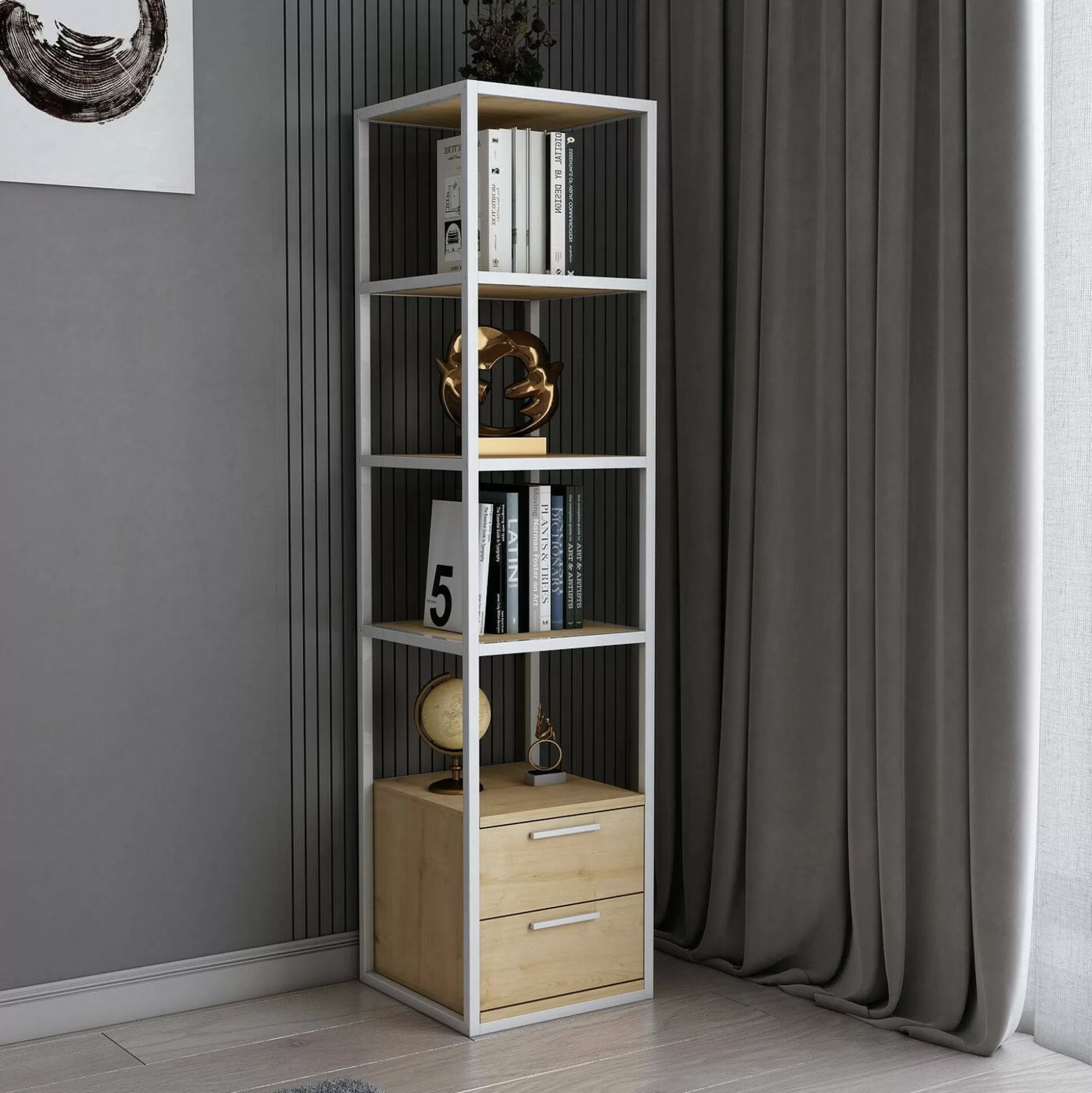 Dmora Librerie<Libreria Arsim, 39x39h169 cm, Bianco e Rovere