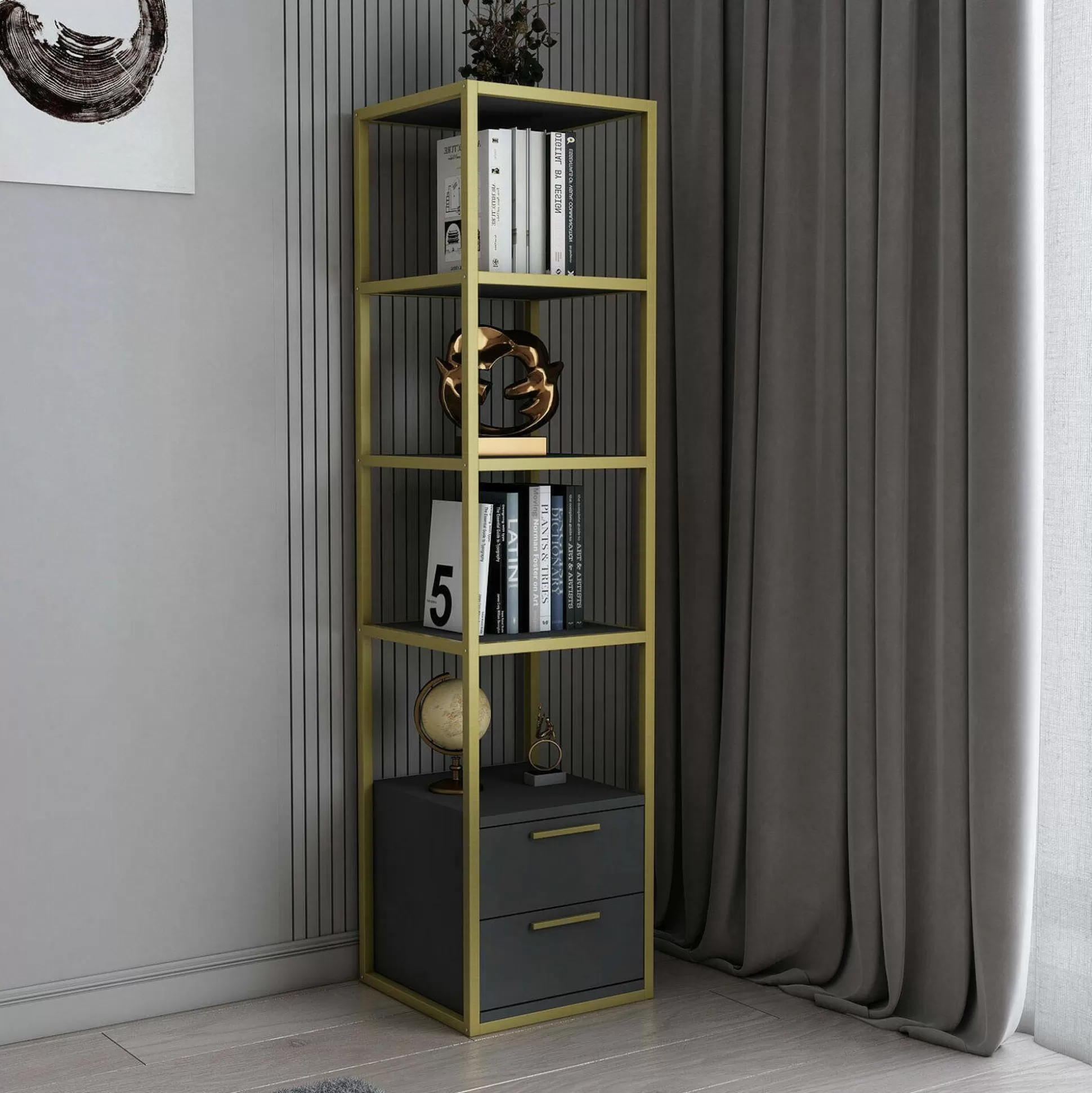 Dmora Librerie<Libreria Arsim, 39x39h169 cm, Oro e Antracite