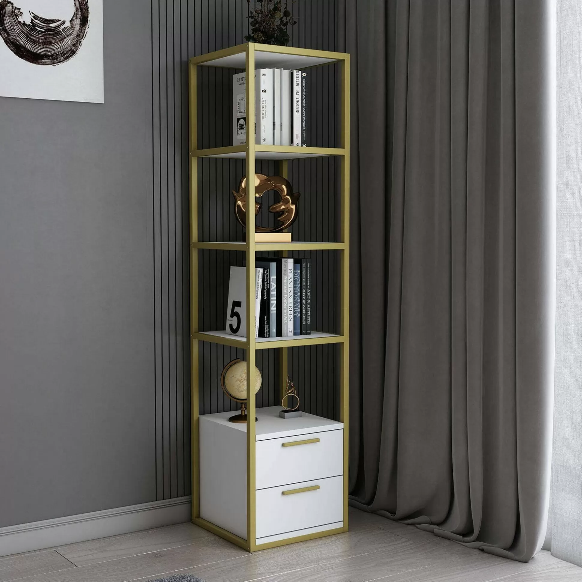 Dmora Librerie<Libreria Arsim, 39x39h169 cm, Oro e Bianco