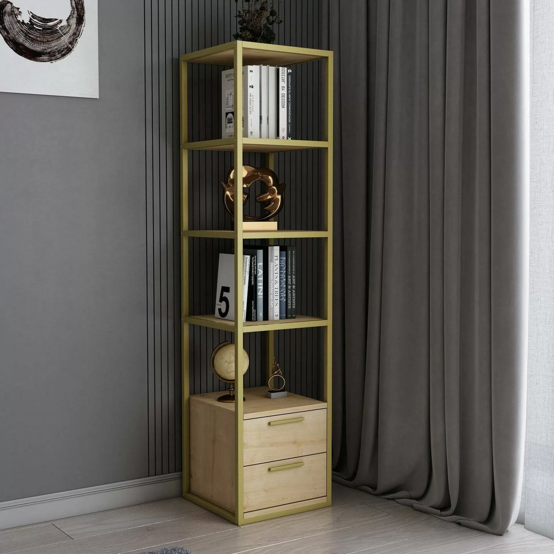 Dmora Librerie<Libreria Arsim, 39x39h169 cm, Oro e Quercia