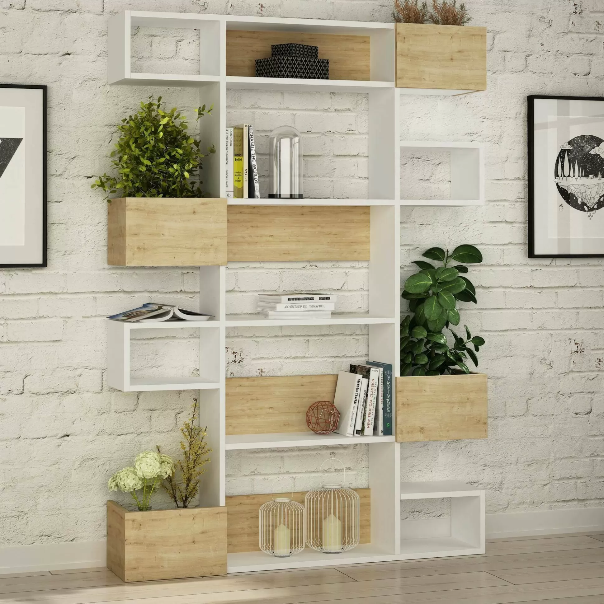 Dmora Librerie<Libreria Artich, 120x25h171 cm, Bianco e Rovere