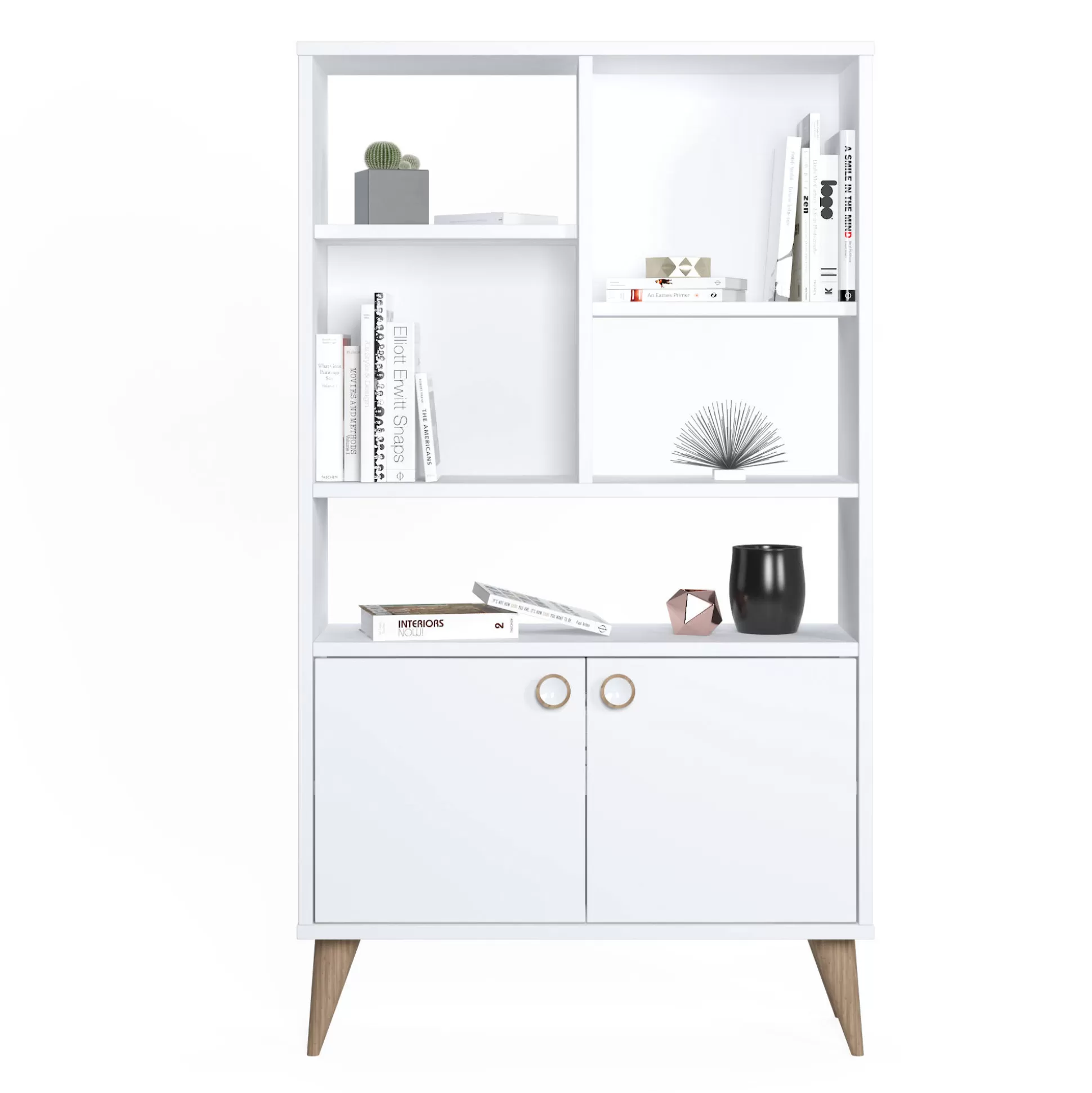 Dmora Librerie<Libreria con due ante battenti e cinque scomparti aperti, cm 75 x 25 x 131, colore
